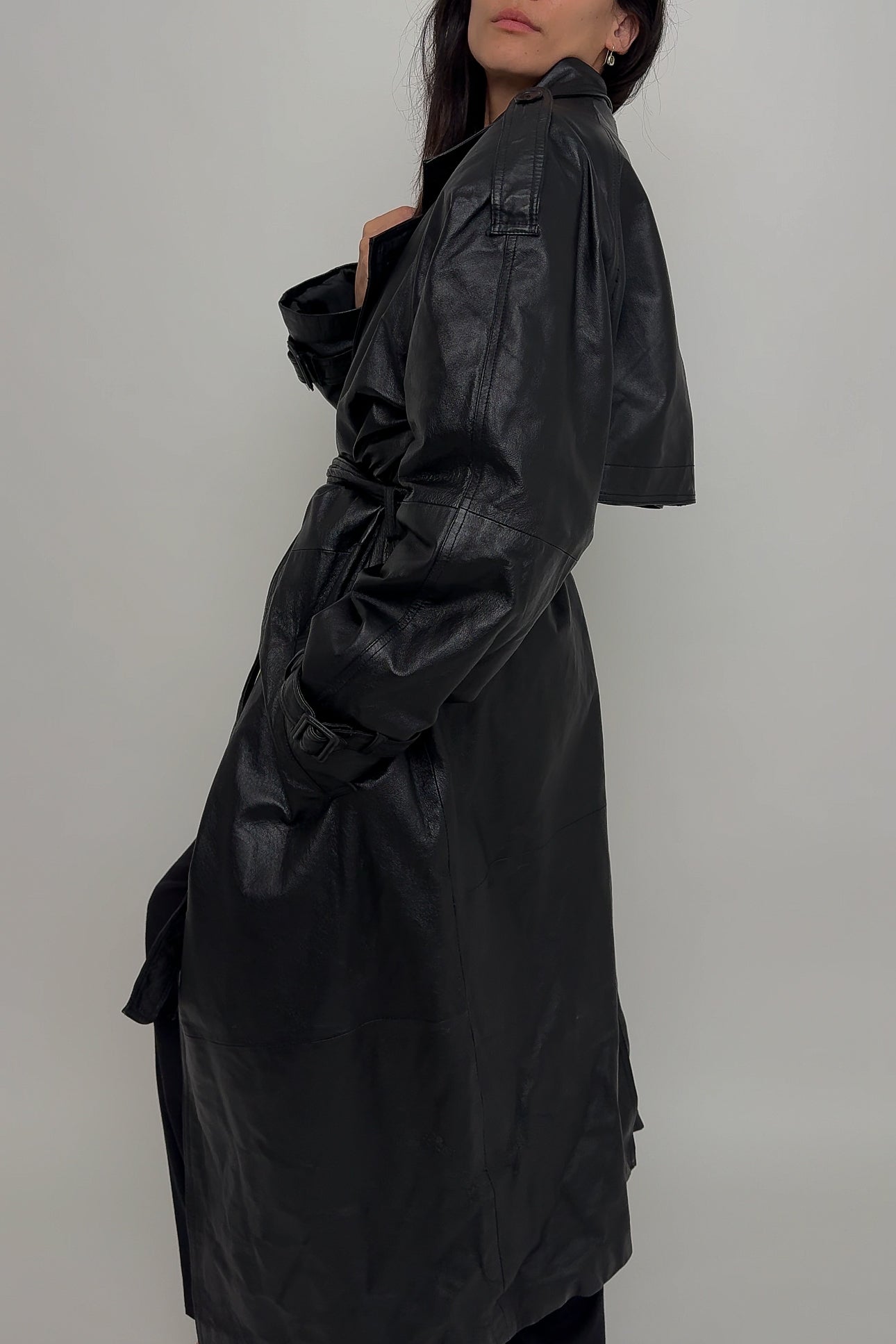 Vintage 90s Raven Leather Double Breasted Trench Coat