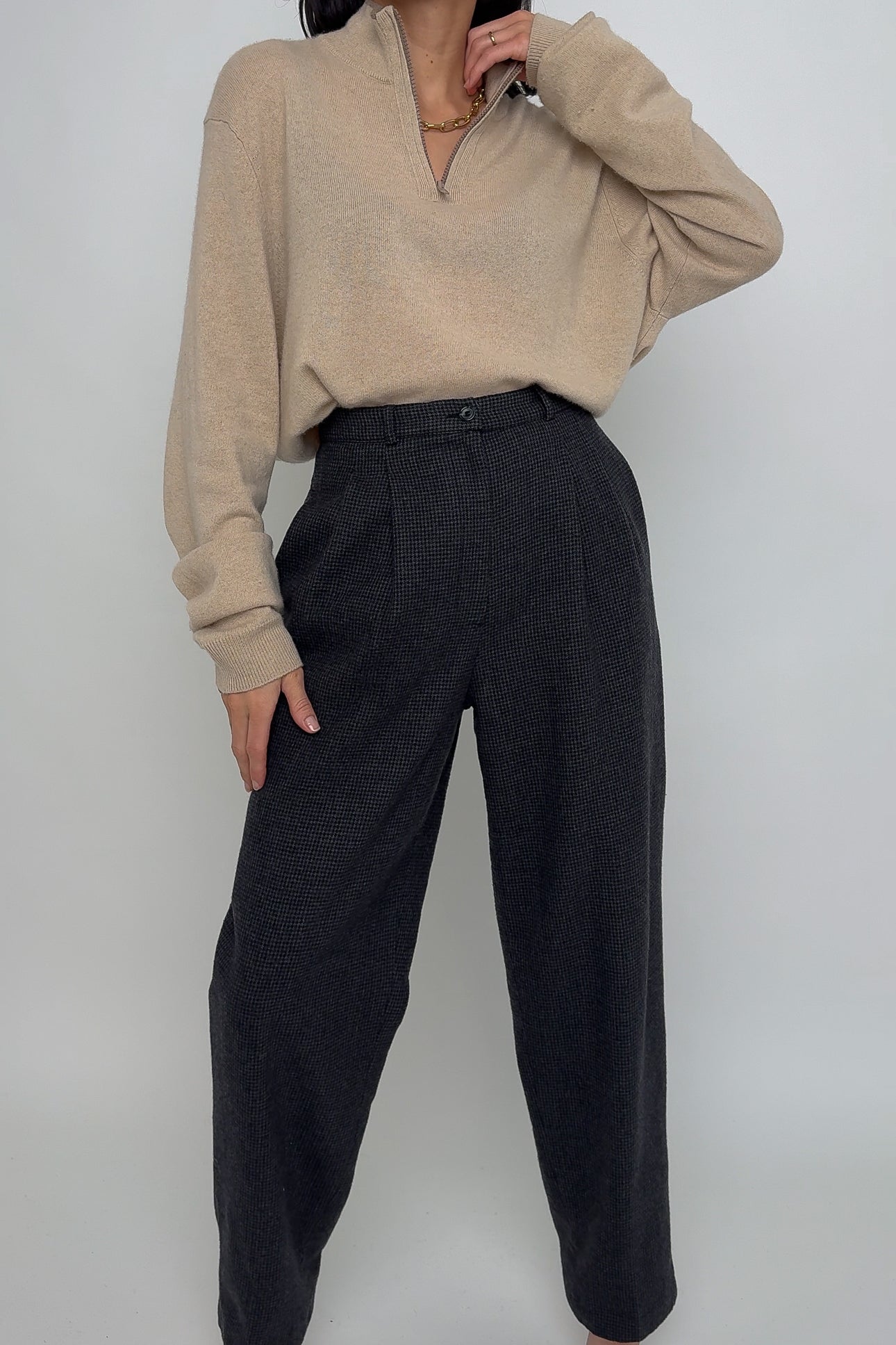 Vintage Stone Wool High Waisted Houndstooth Trousers