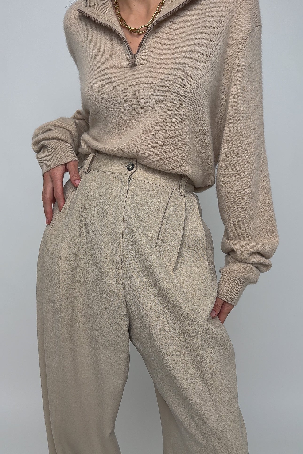 Vintage Sand Wool High Waisted Cuffed Trousers (Rosella)