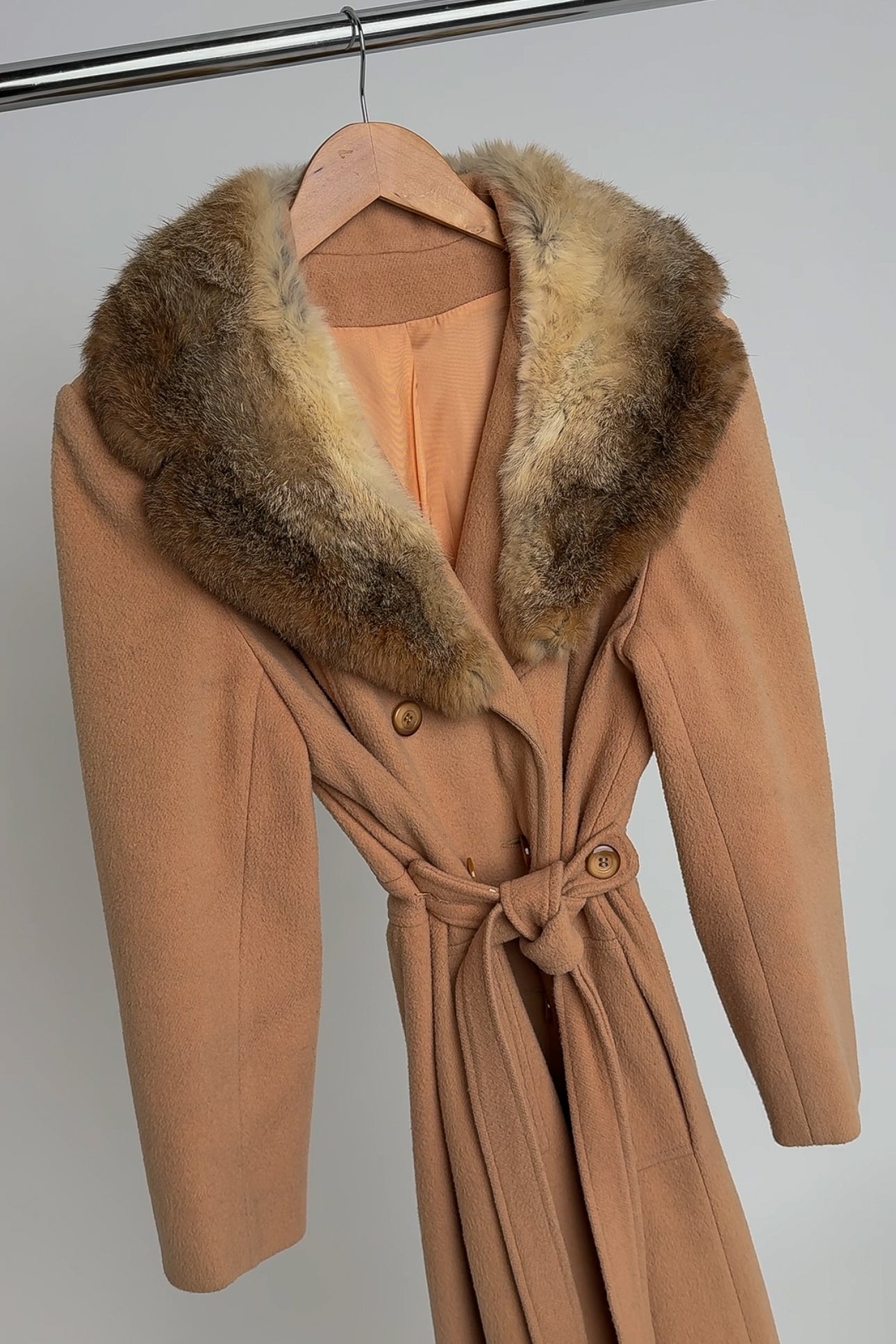 Vintage Tan Wool Double Breasted Fur Collar Coat