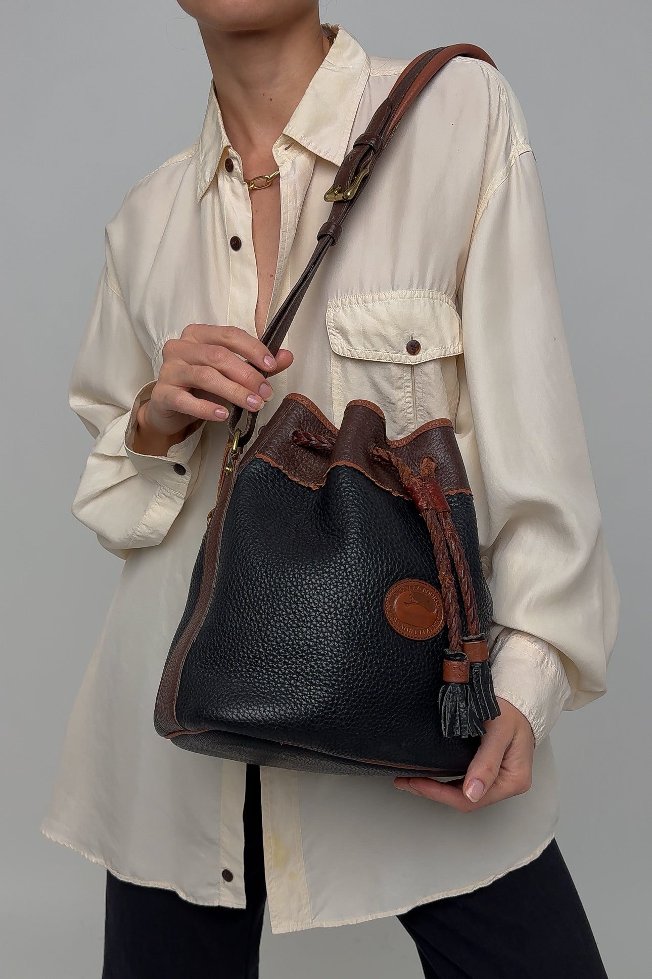 Vintage Navy And Brown Leather Bucket Bag