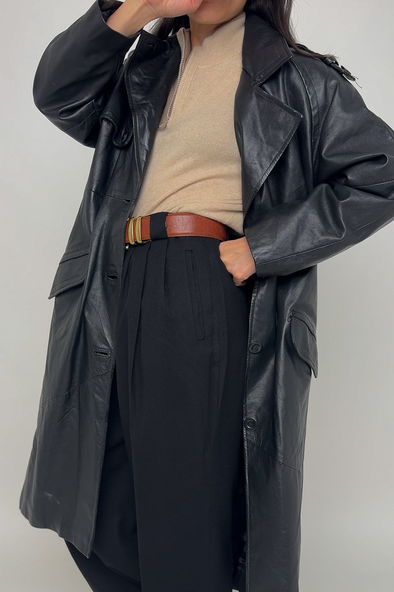 Vintage Obsidian Leather Trench Coat