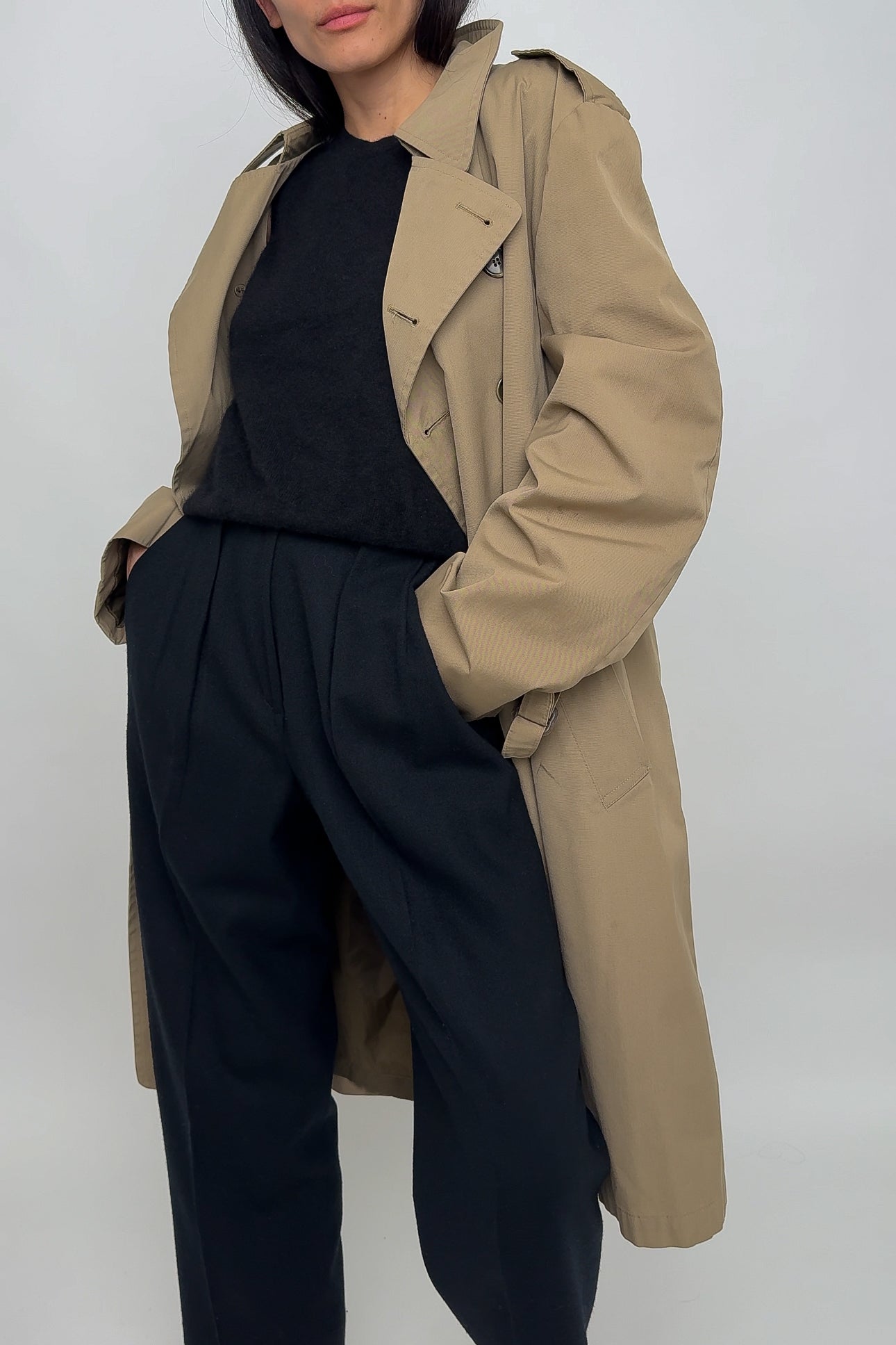 Vintage Taupe Cotton Blend Double Breasted Trench Coat