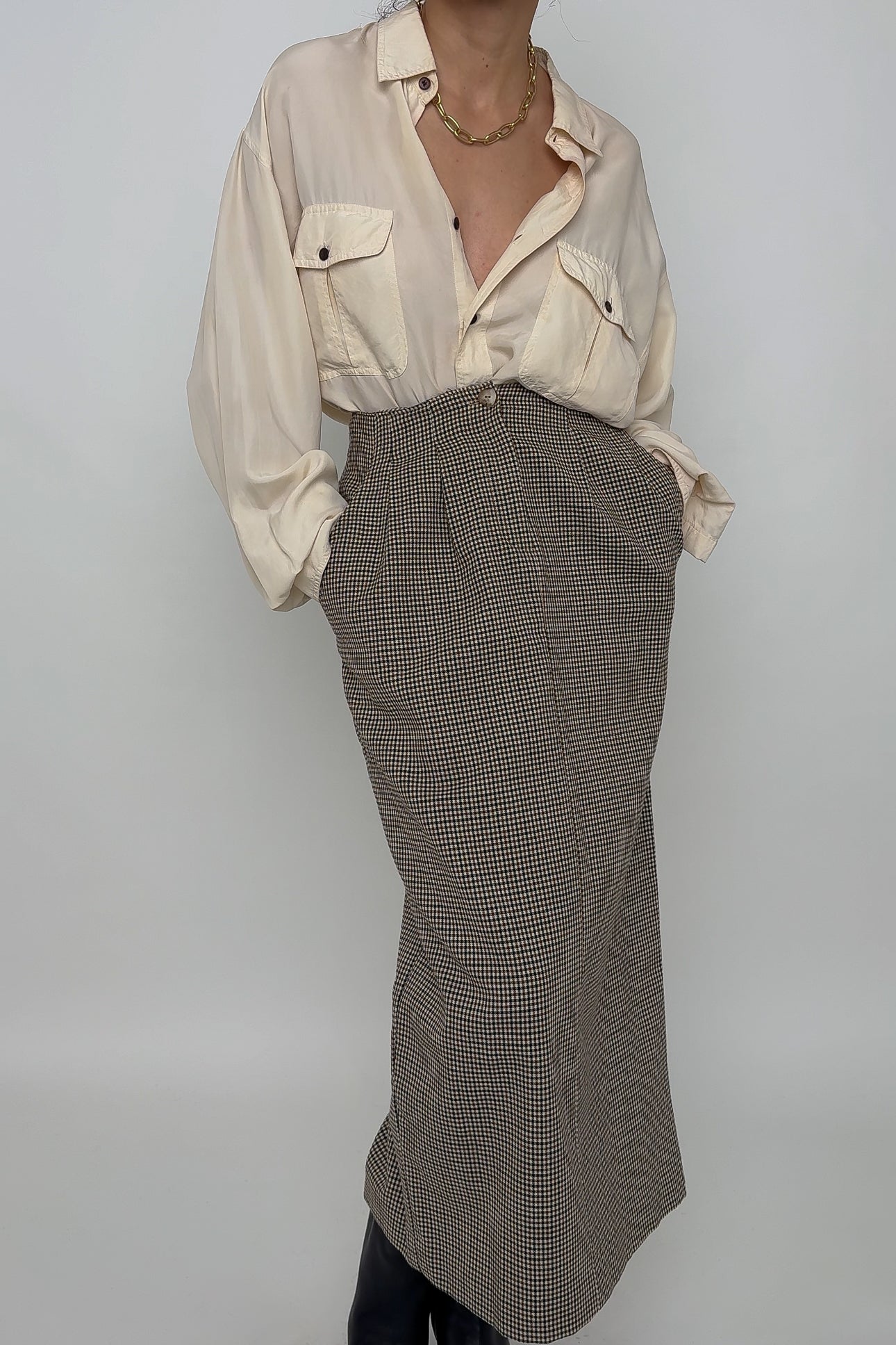 Vintage Carob Wool Gingham Midi Pencil Skirt