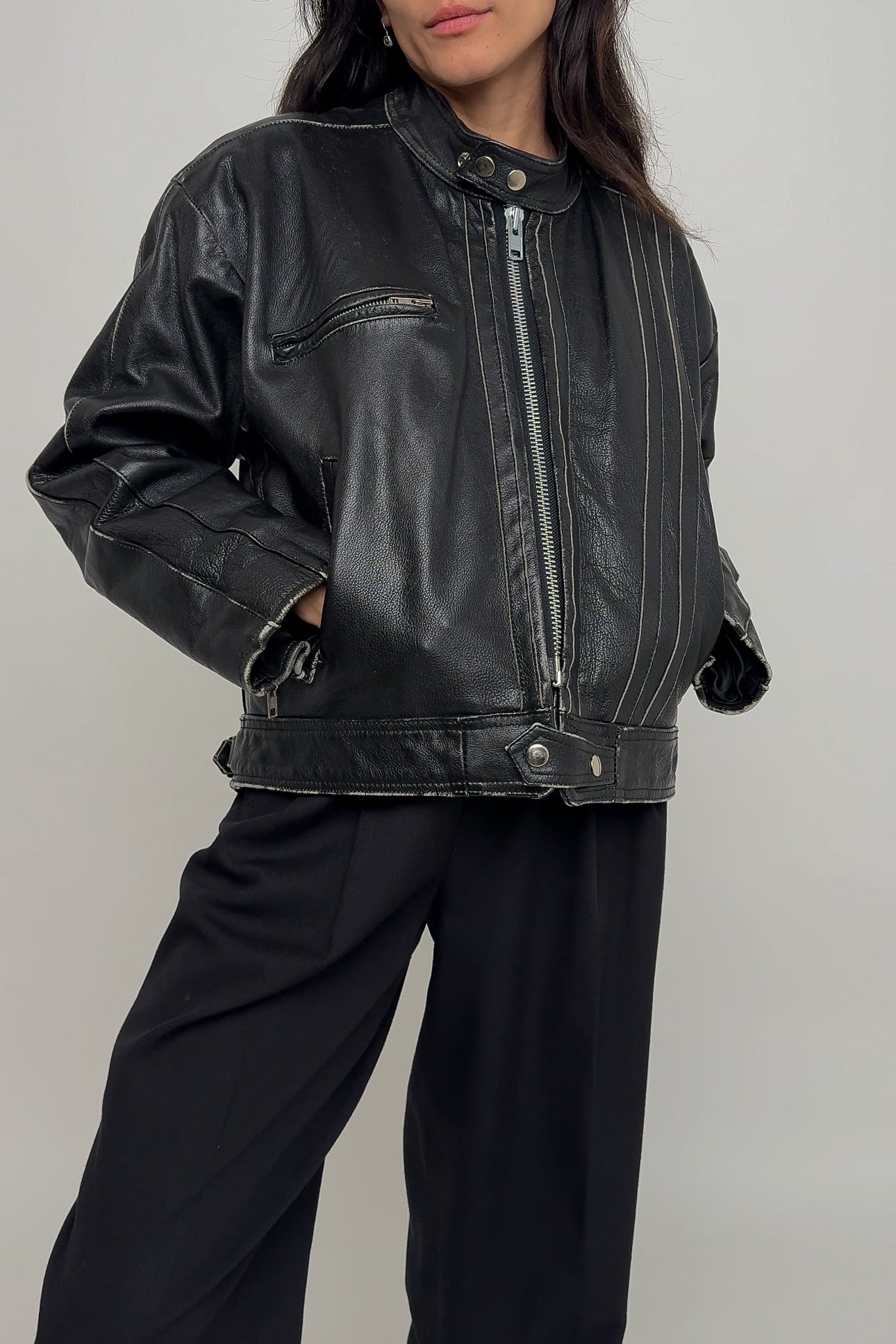 Vintage Carbon Leather Zip-Up Moto Jacket