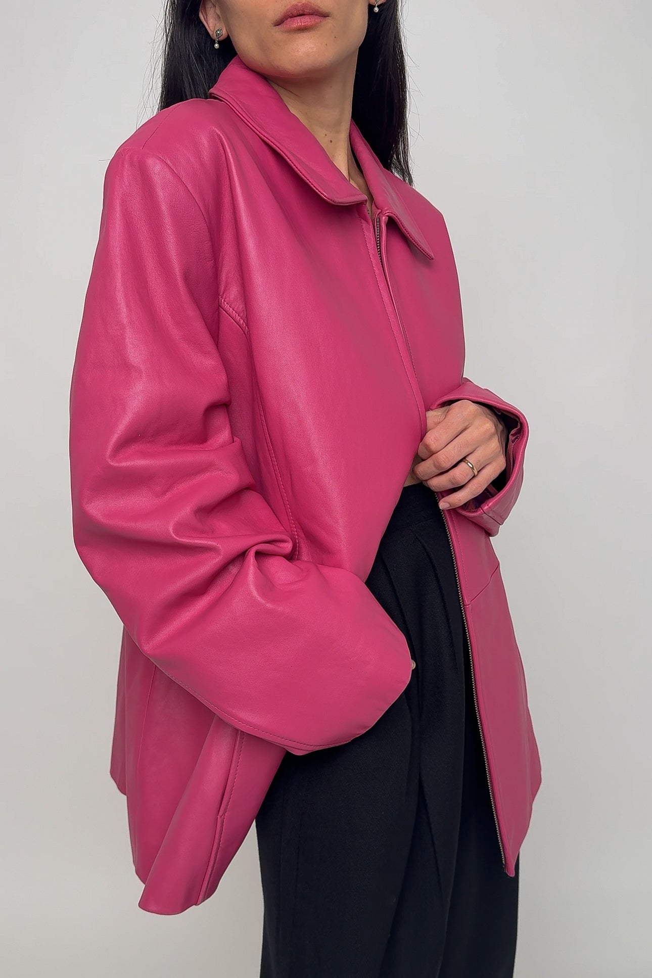 Vintage 90s Hot Pink Leather Zip-Up Jacket