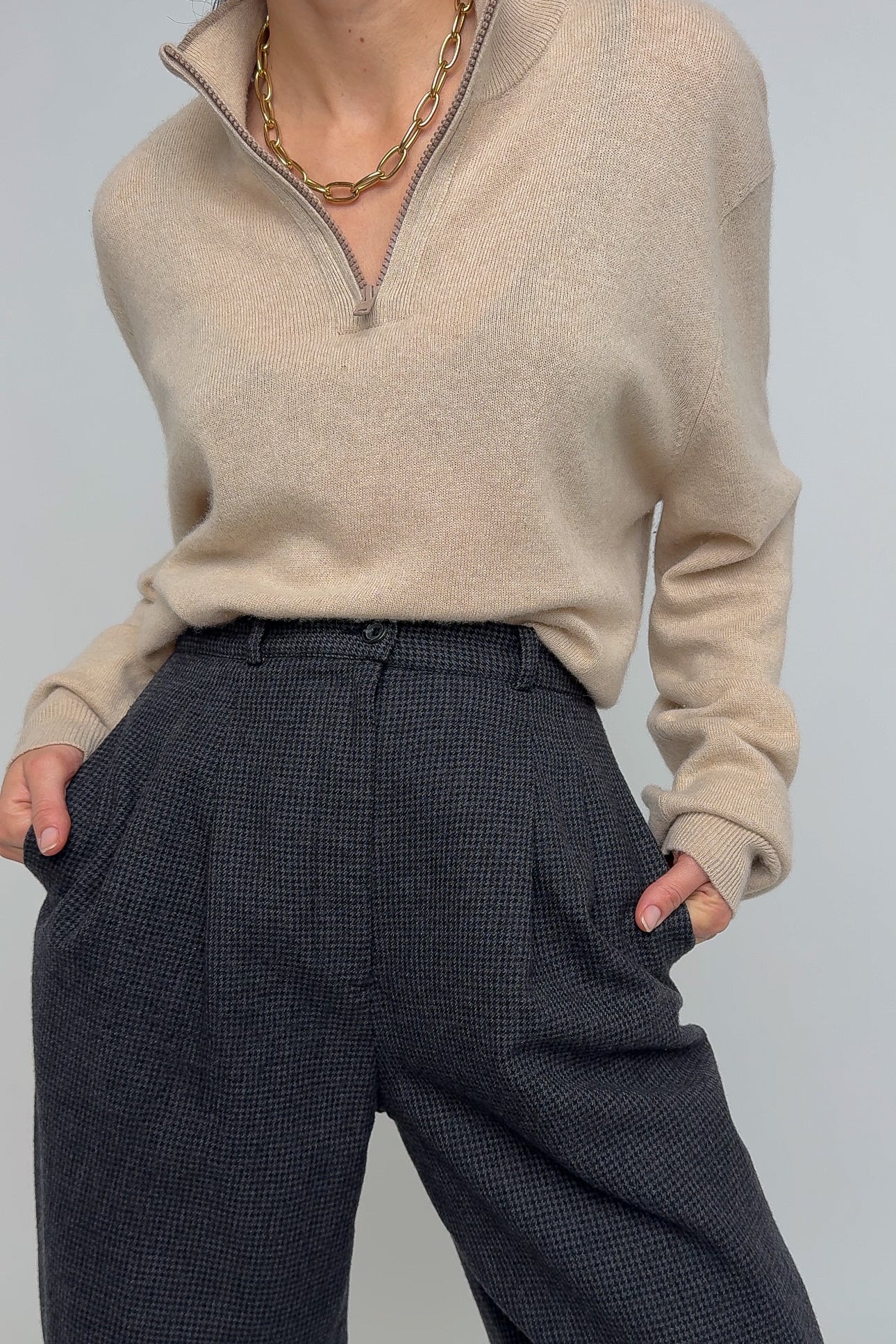 Vintage Stone Wool High Waisted Houndstooth Trousers