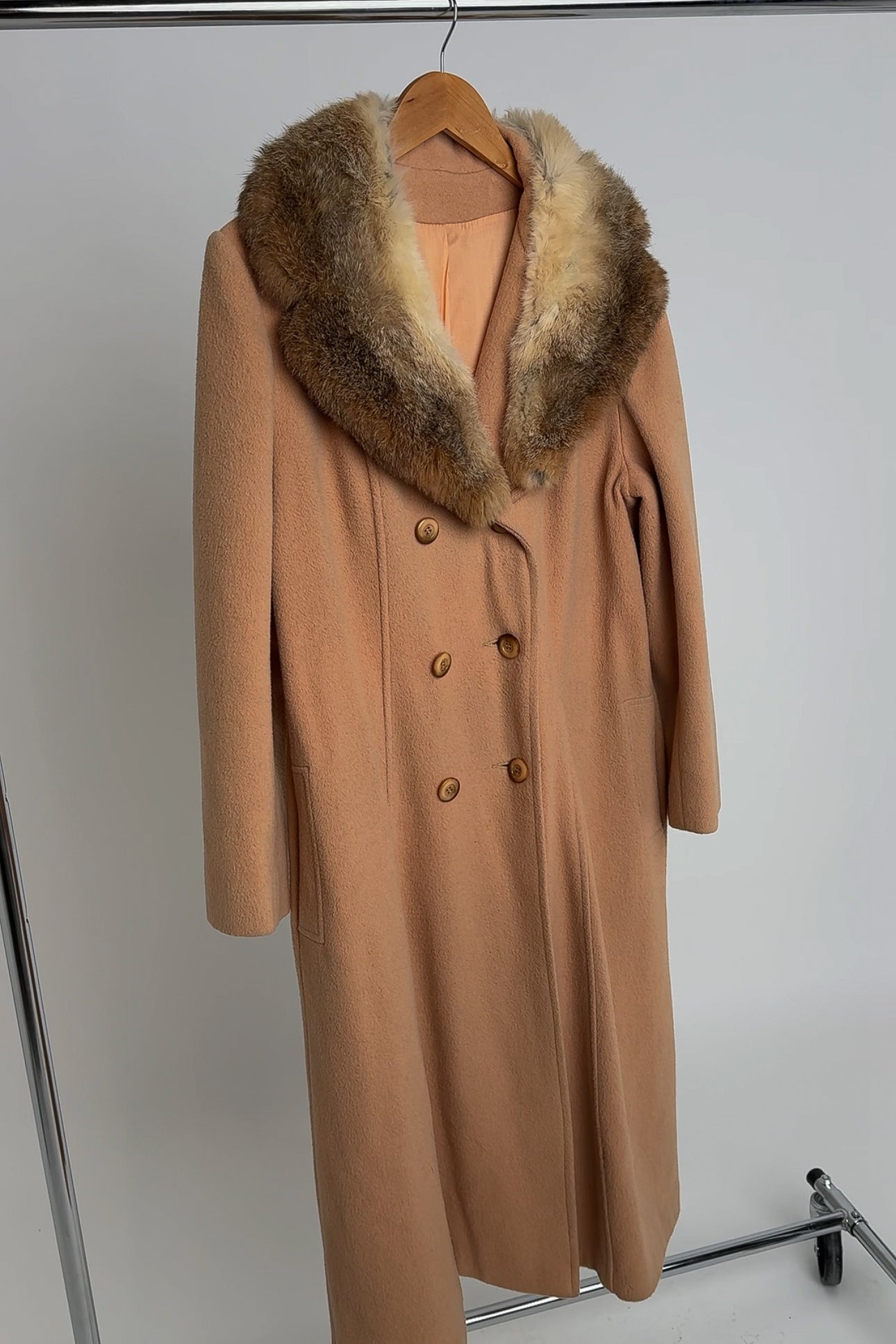 Vintage Tan Wool Double Breasted Fur Collar Coat