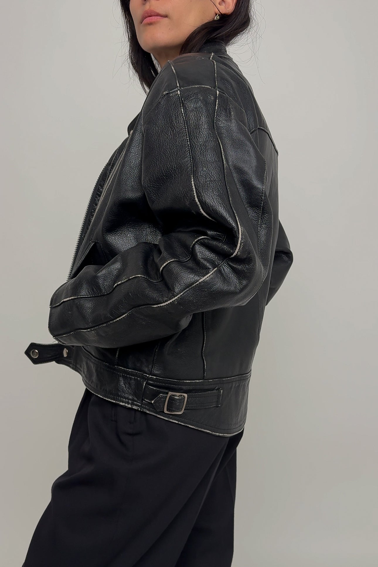 Vintage Carbon Leather Zip-Up Moto Jacket