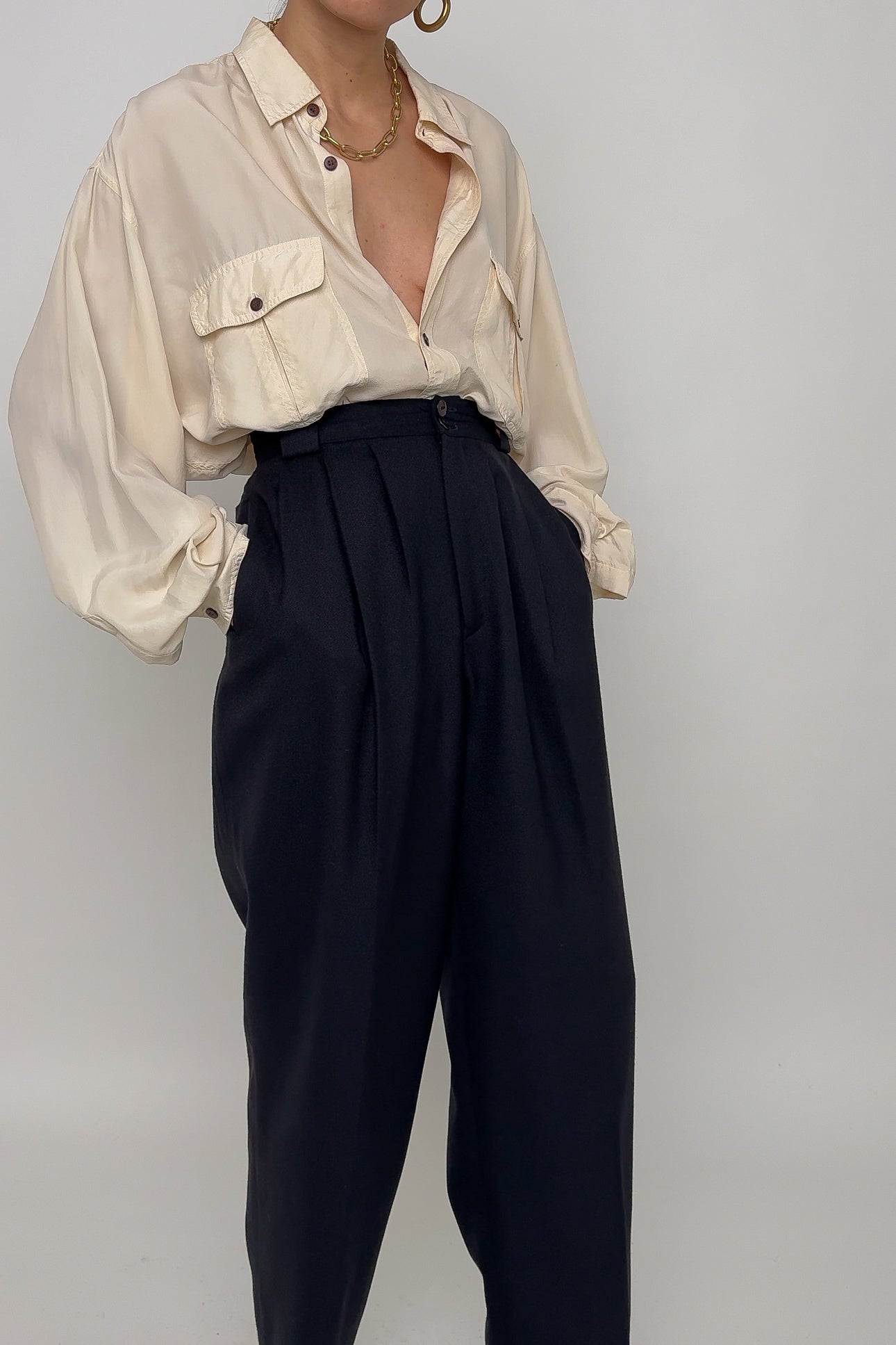 Vintage Noir Wool High Waisted Trousers