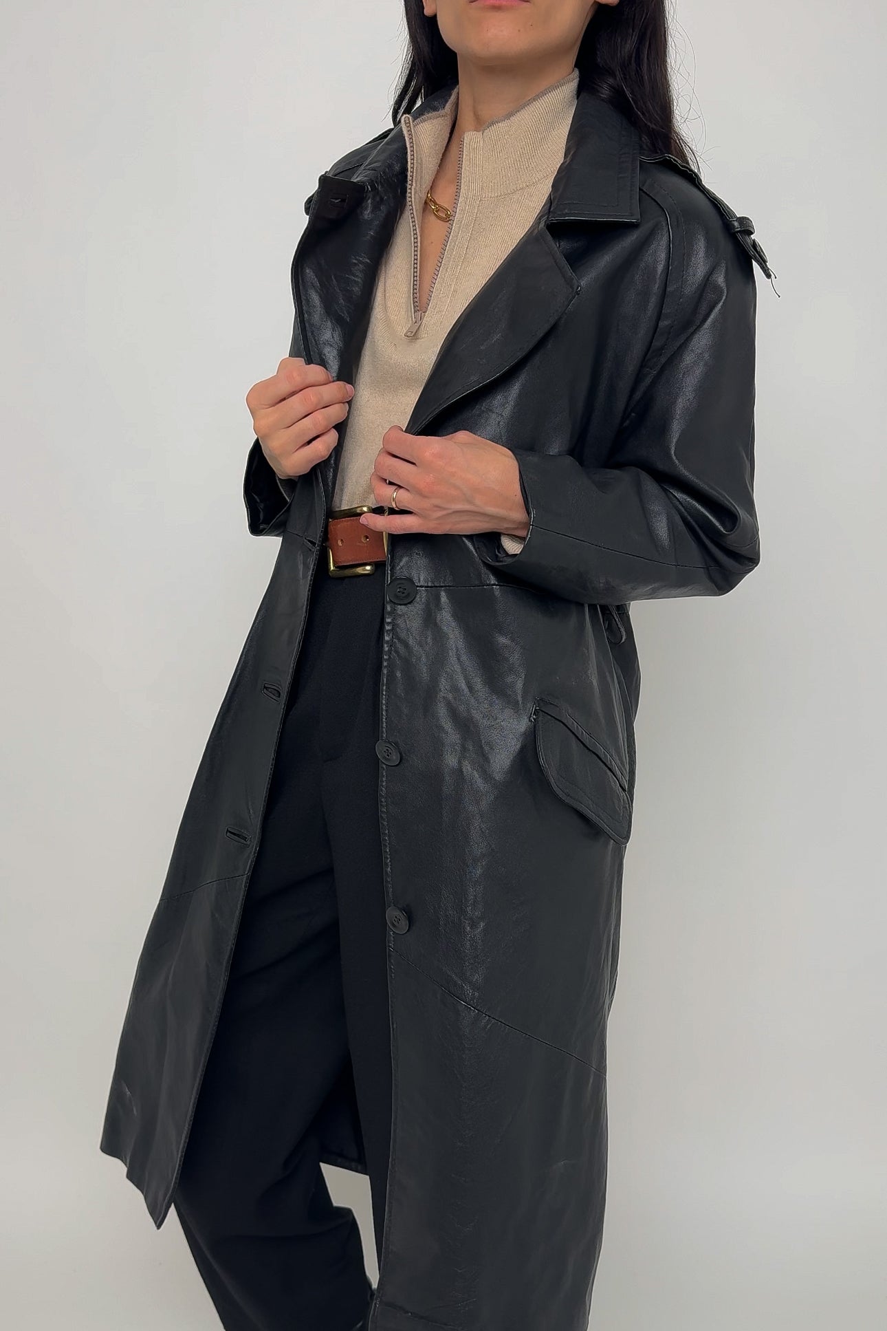 Vintage Obsidian Leather Trench Coat