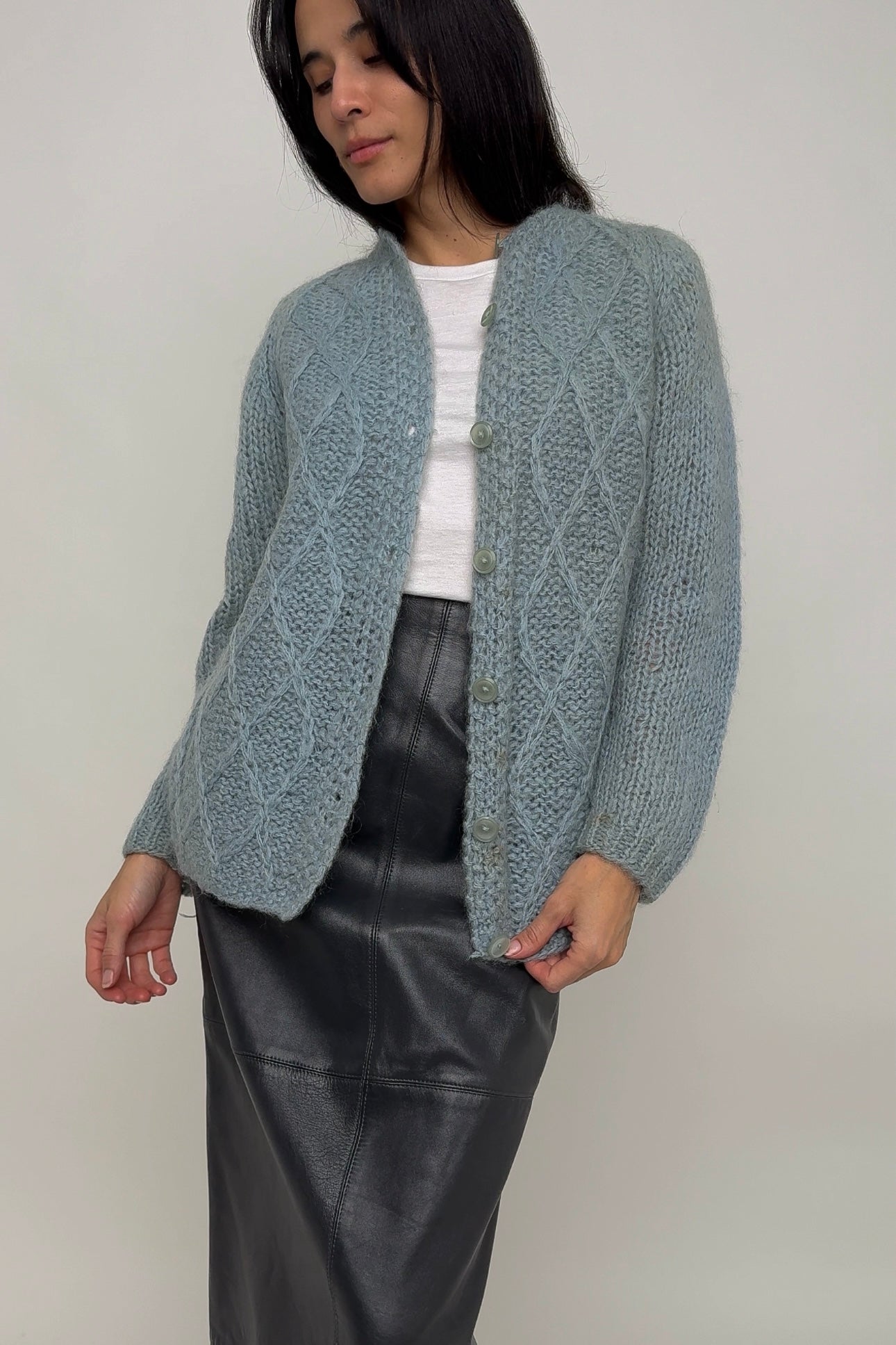 Vintage Italian Azure Wool Mohair Hand Knit Cardigan Sweater