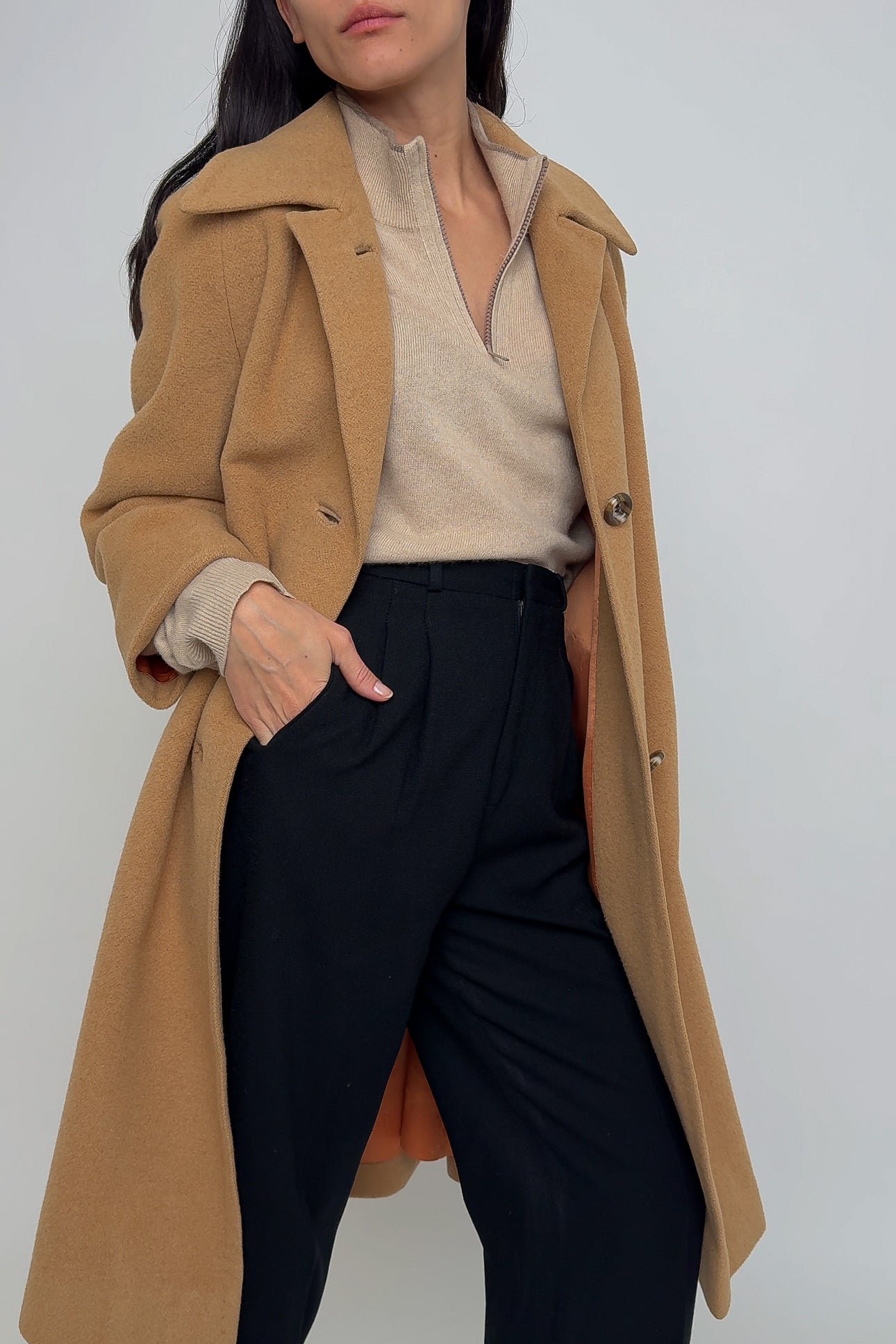 Vintage Sand Camelhair Midi Coat