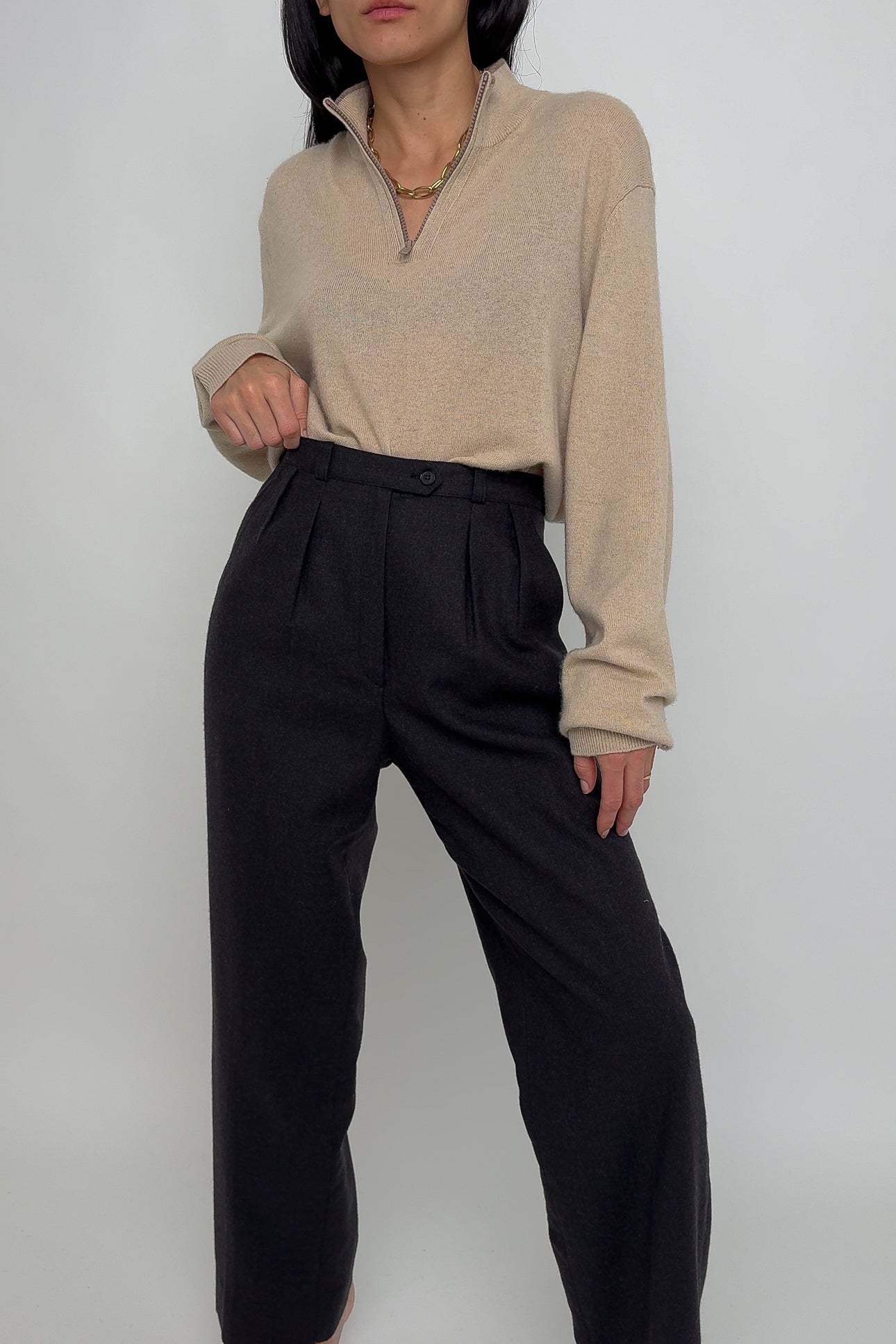 Vintage Charcoal Merino Wool High Waisted Trousers