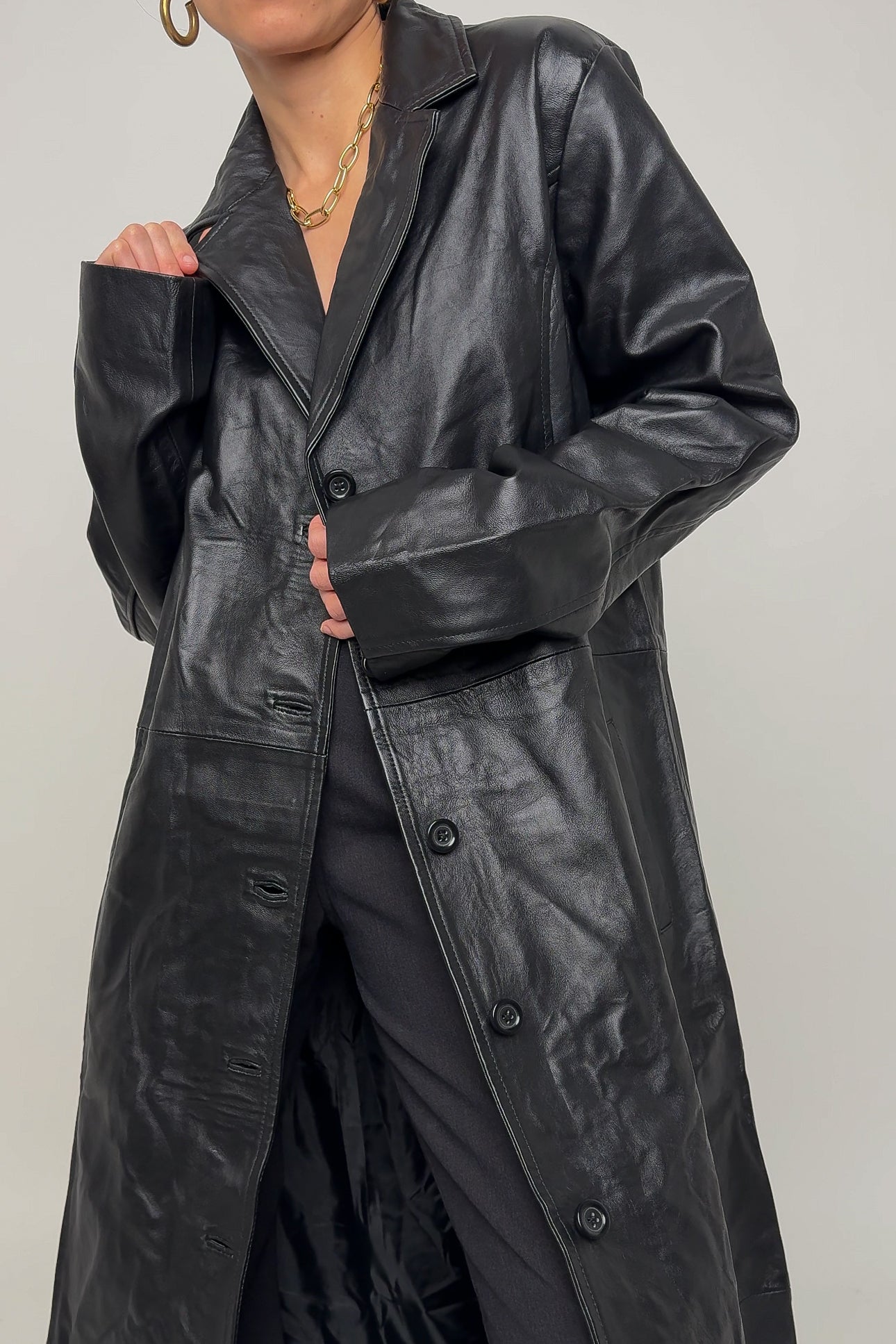 Vintage Noir Leather Trench Coat