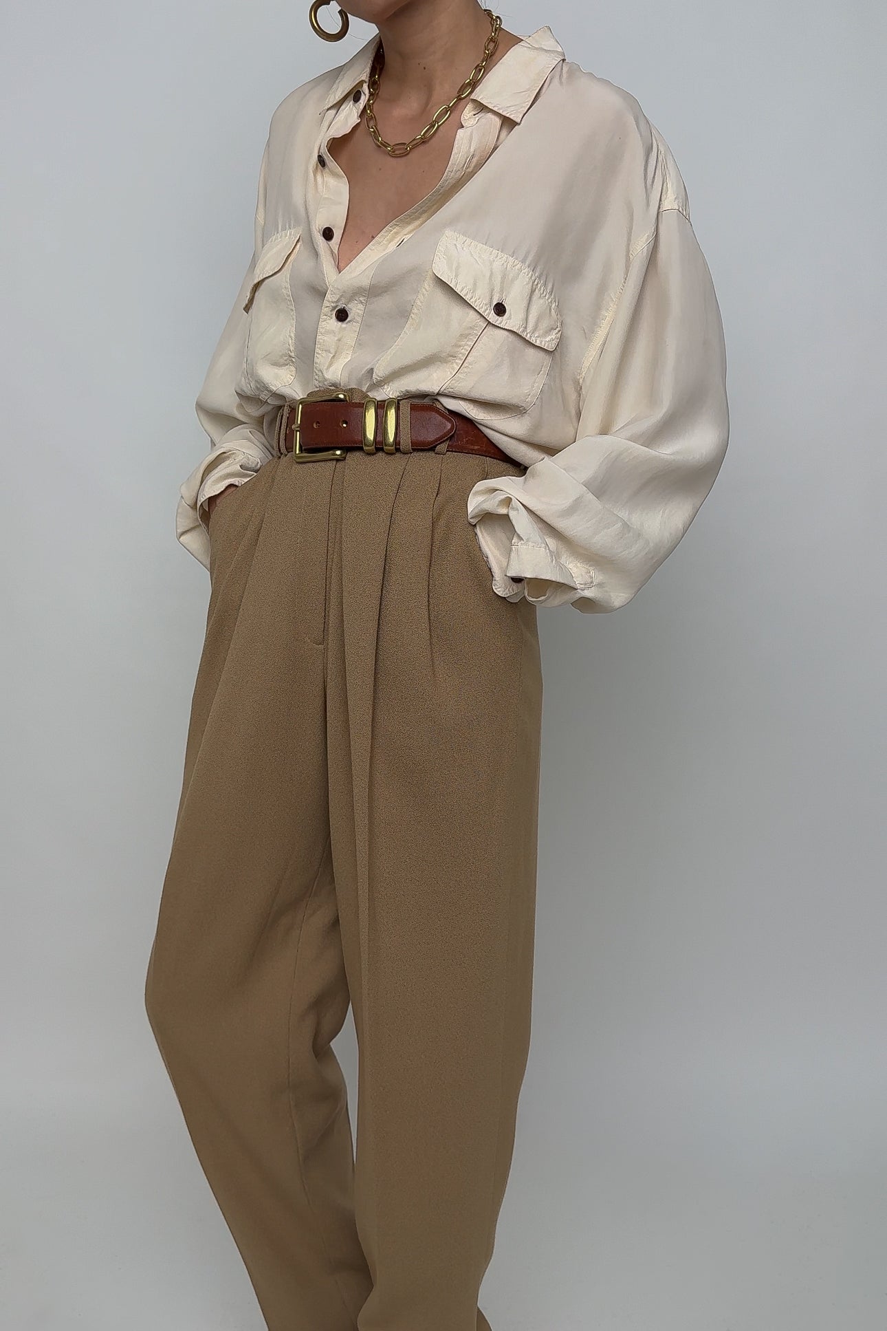 Vintage Camel Wool Blend High Waisted Cuffed Trousers (Rosella)