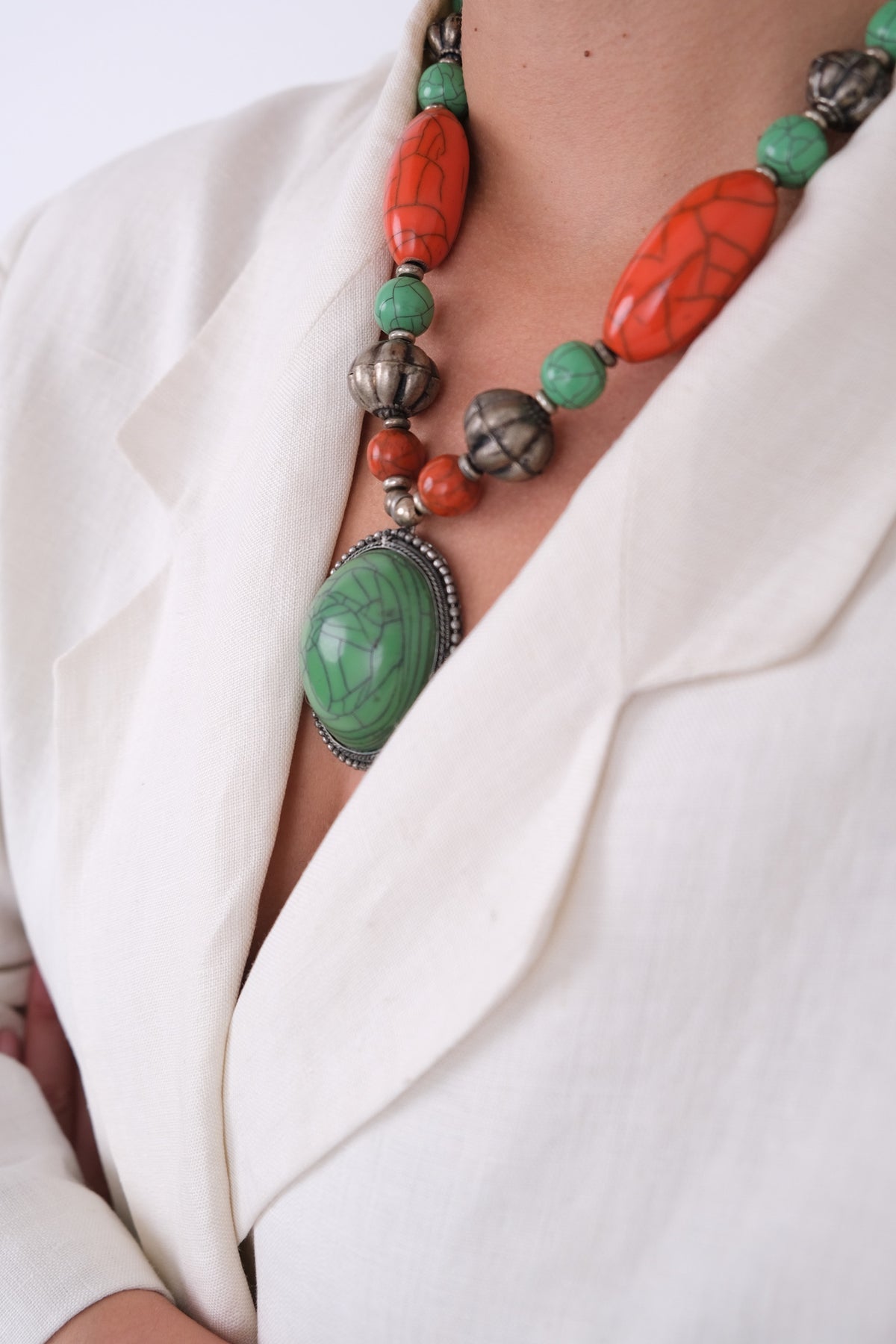 Vintage 80s Malachite Multicolor Beaded Pendant Necklace