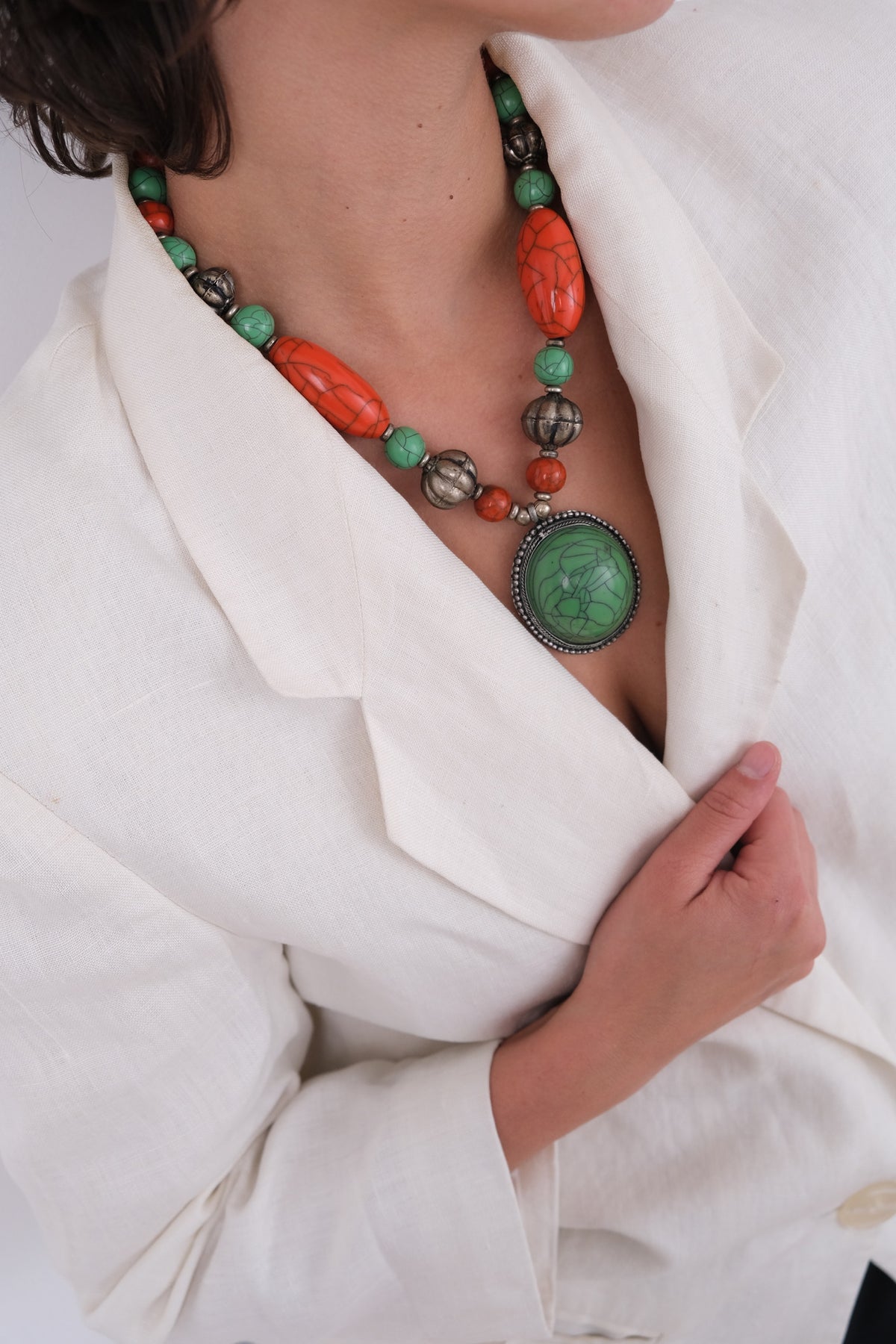 Vintage 80s Malachite Multicolor Beaded Pendant Necklace