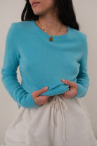 Vintage turquoise cashmere crewneck sweater front view