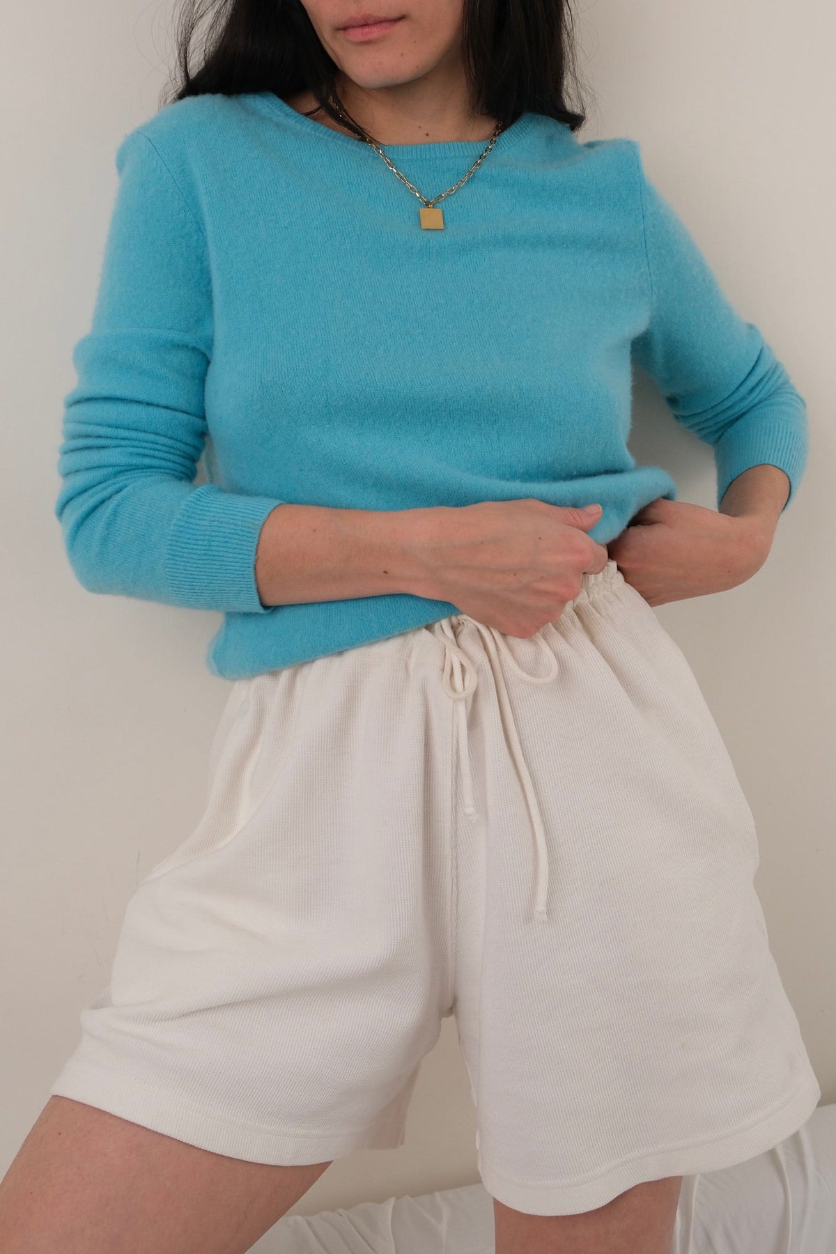 Vintage turquoise cashmere crewneck sweater modeled