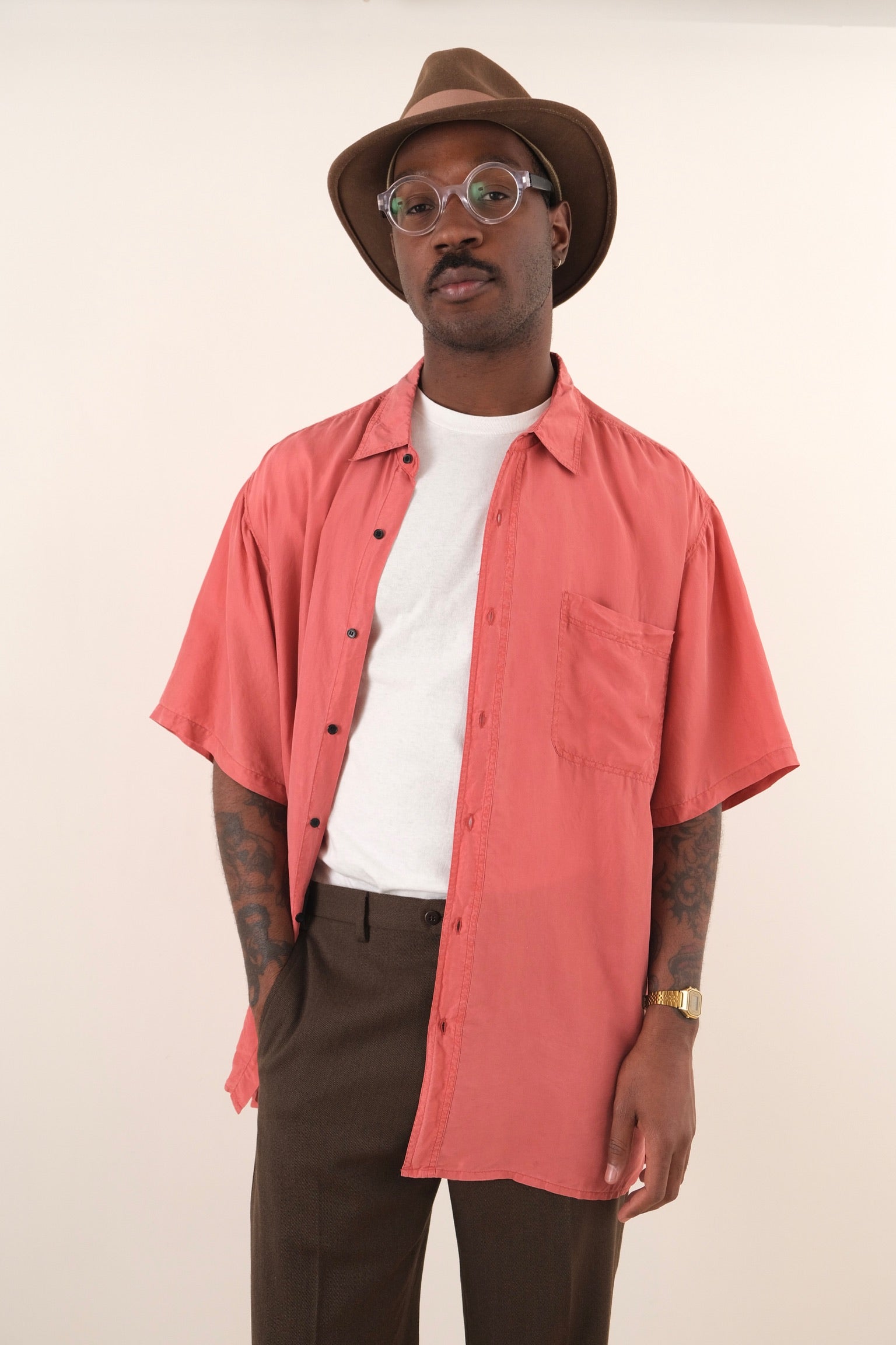 Vintage Coral Silk Short Sleeve Button Up Shirt – Hermine