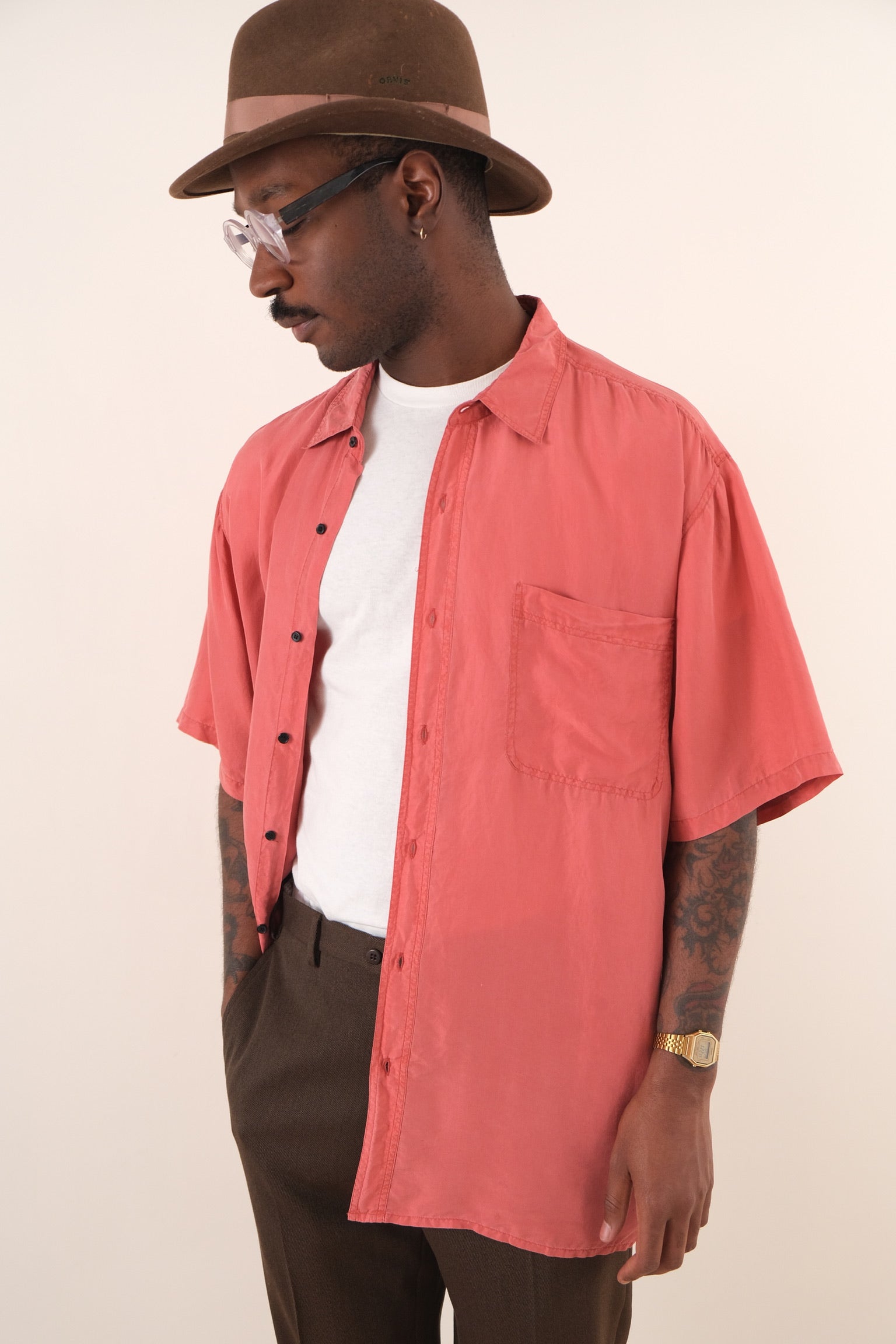 Vintage Coral Silk Short Sleeve Button Up Shirt – Hermine