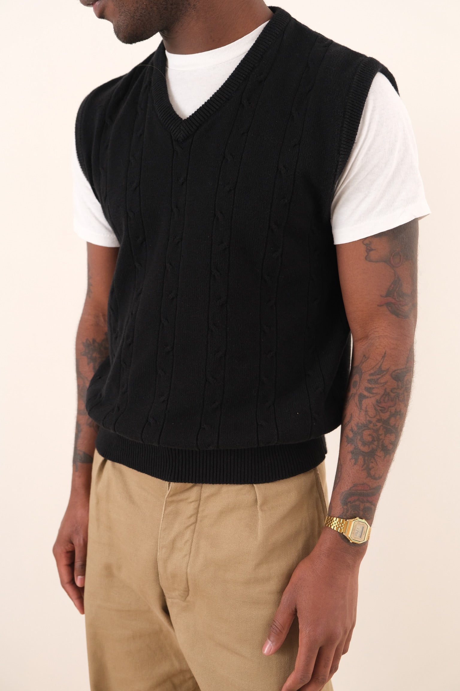 Vintage Noir Cotton Cable Knit Sweater Vest – Hermine