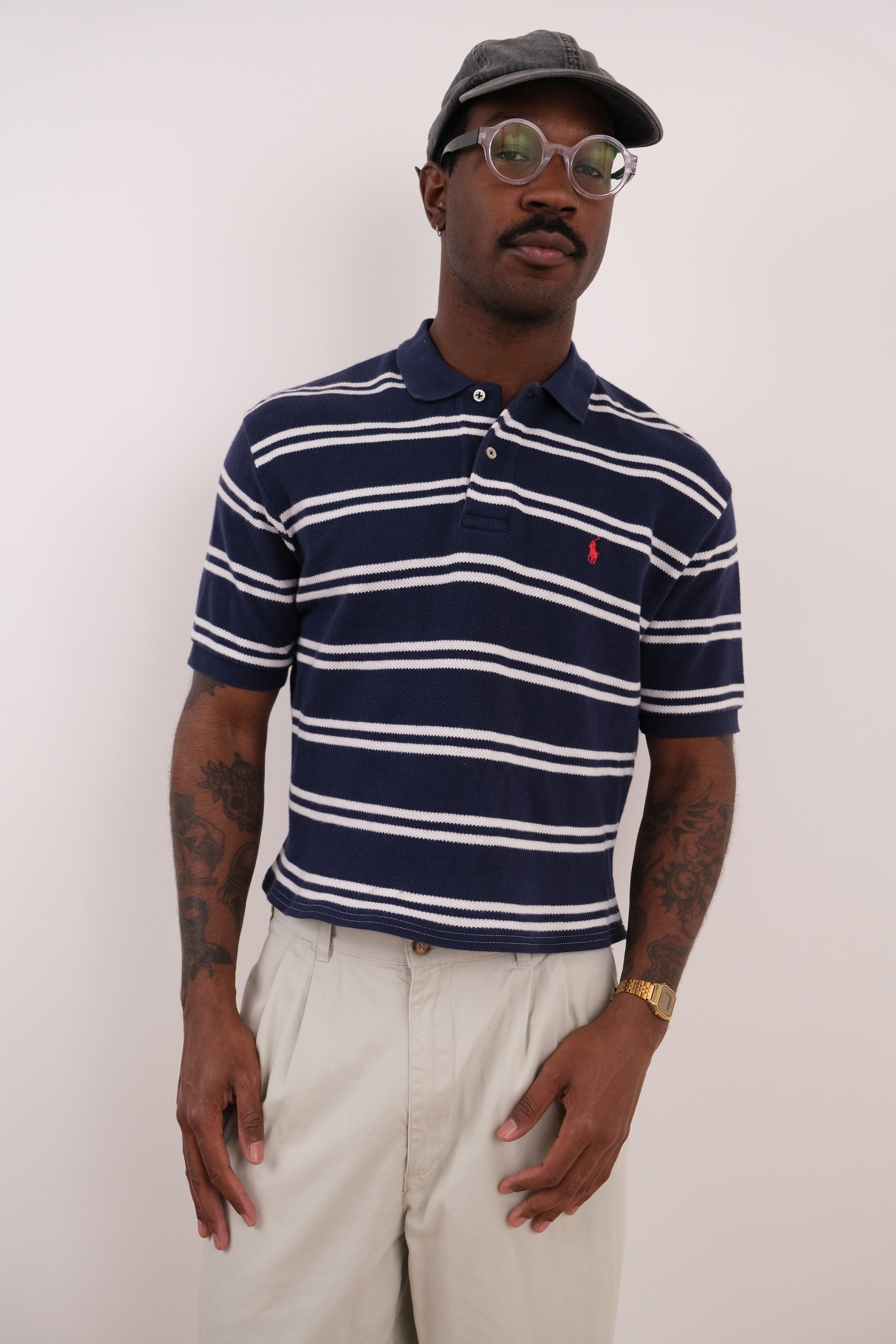 Vintage Navy/White Knit Cotton Ralph Lauren Cropped Knit Polo