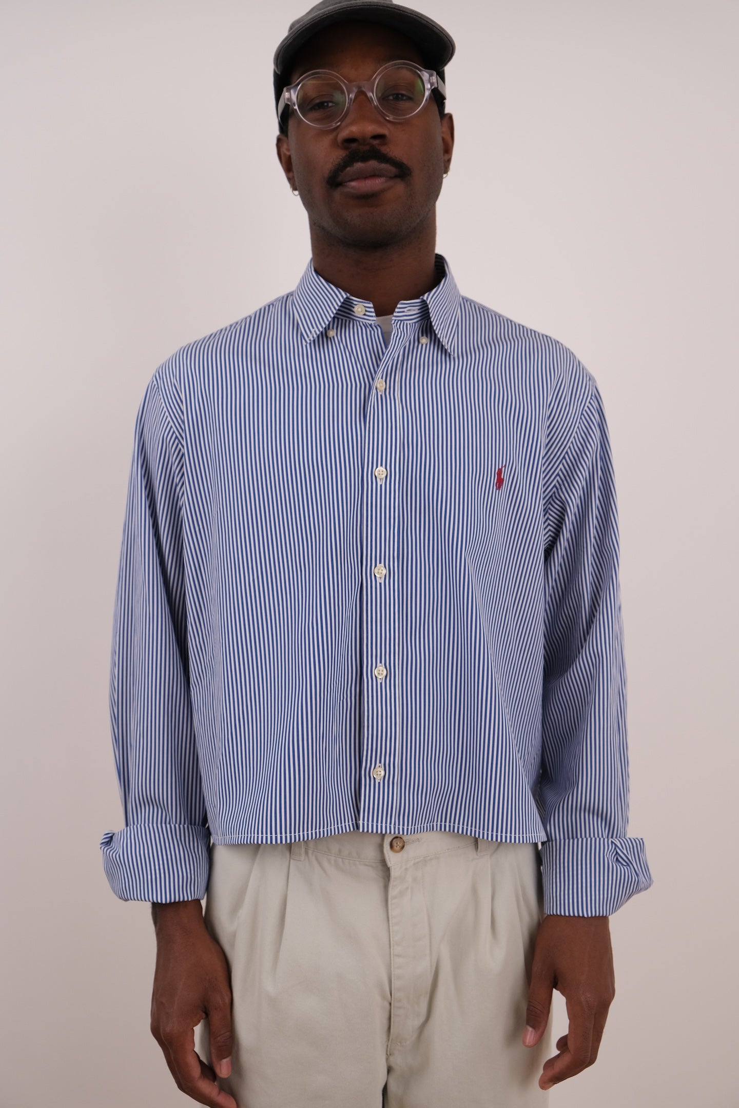 Vintage 90s Blue/White Striped Ralph Lauren Cropped Button Down