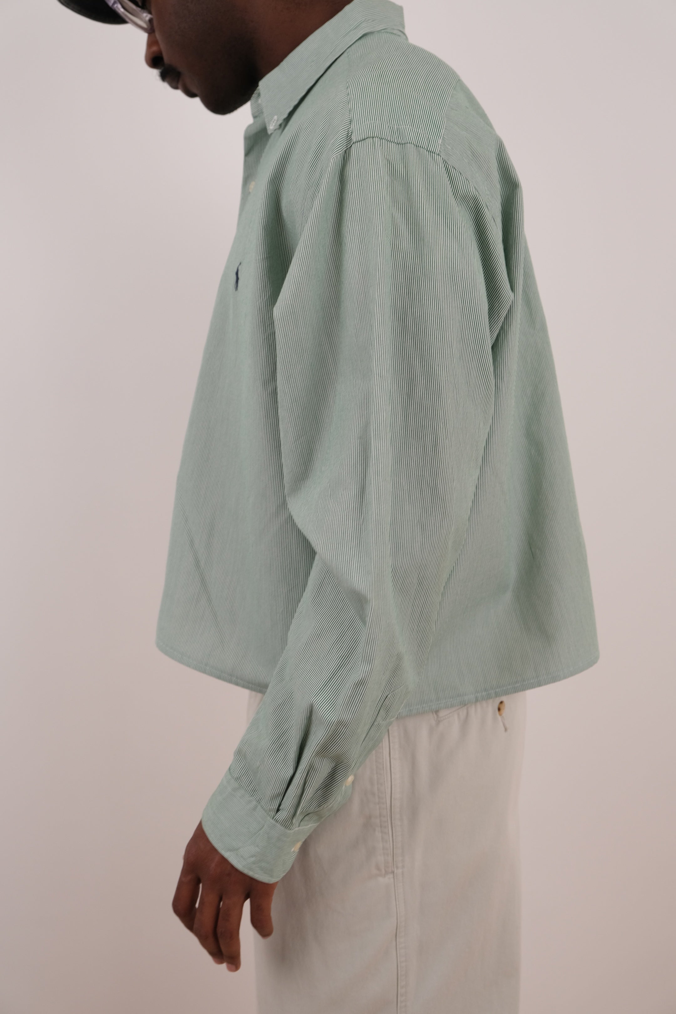 Vintage 90s Green/White Striped Ralph Lauren Cropped Button Down