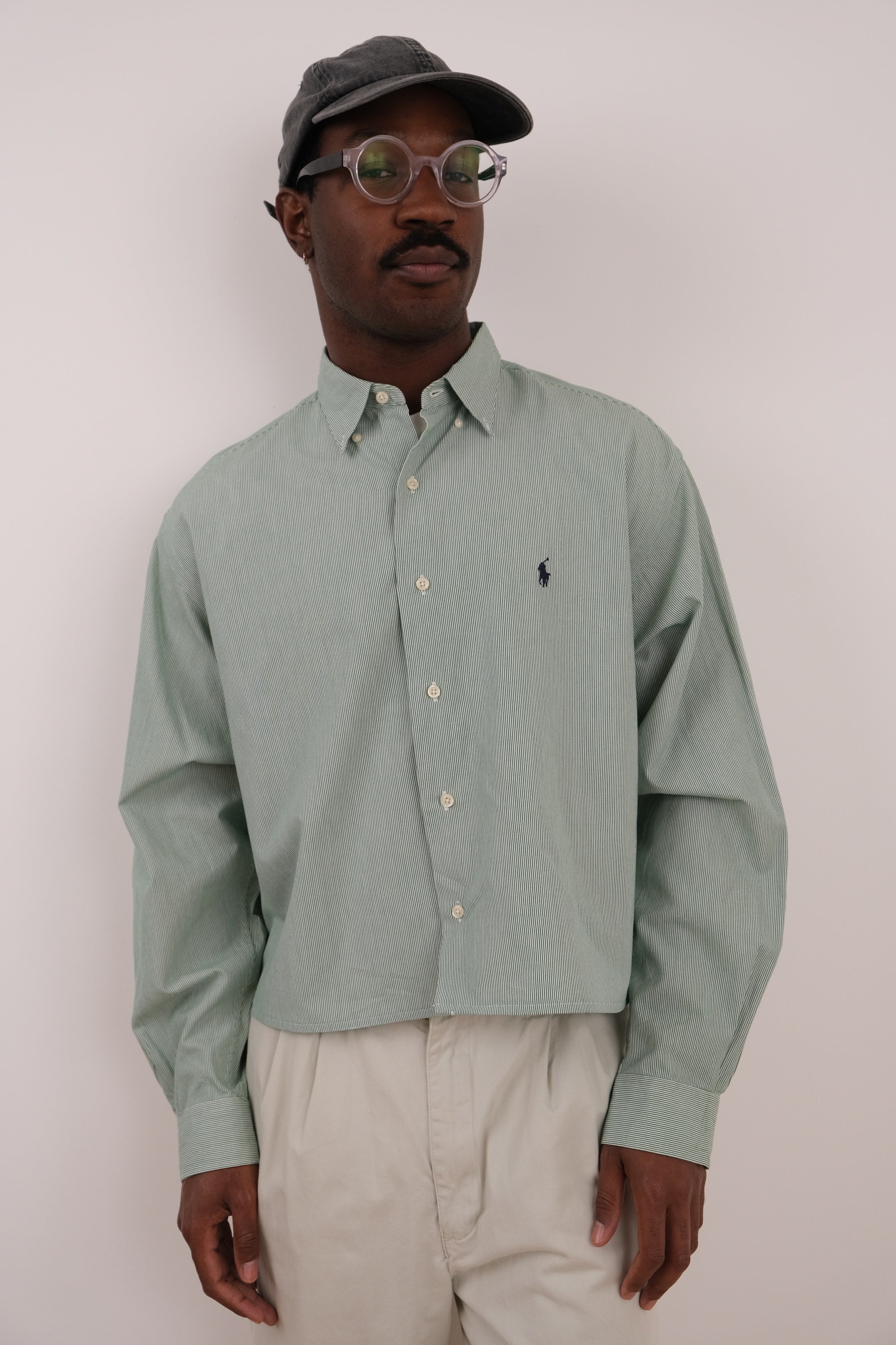 トップス Ralph Lauren 90s L/S B.D Striped Shirt16 Vintage 90s Green/White Striped Ralph Lauren Cropped Button Down