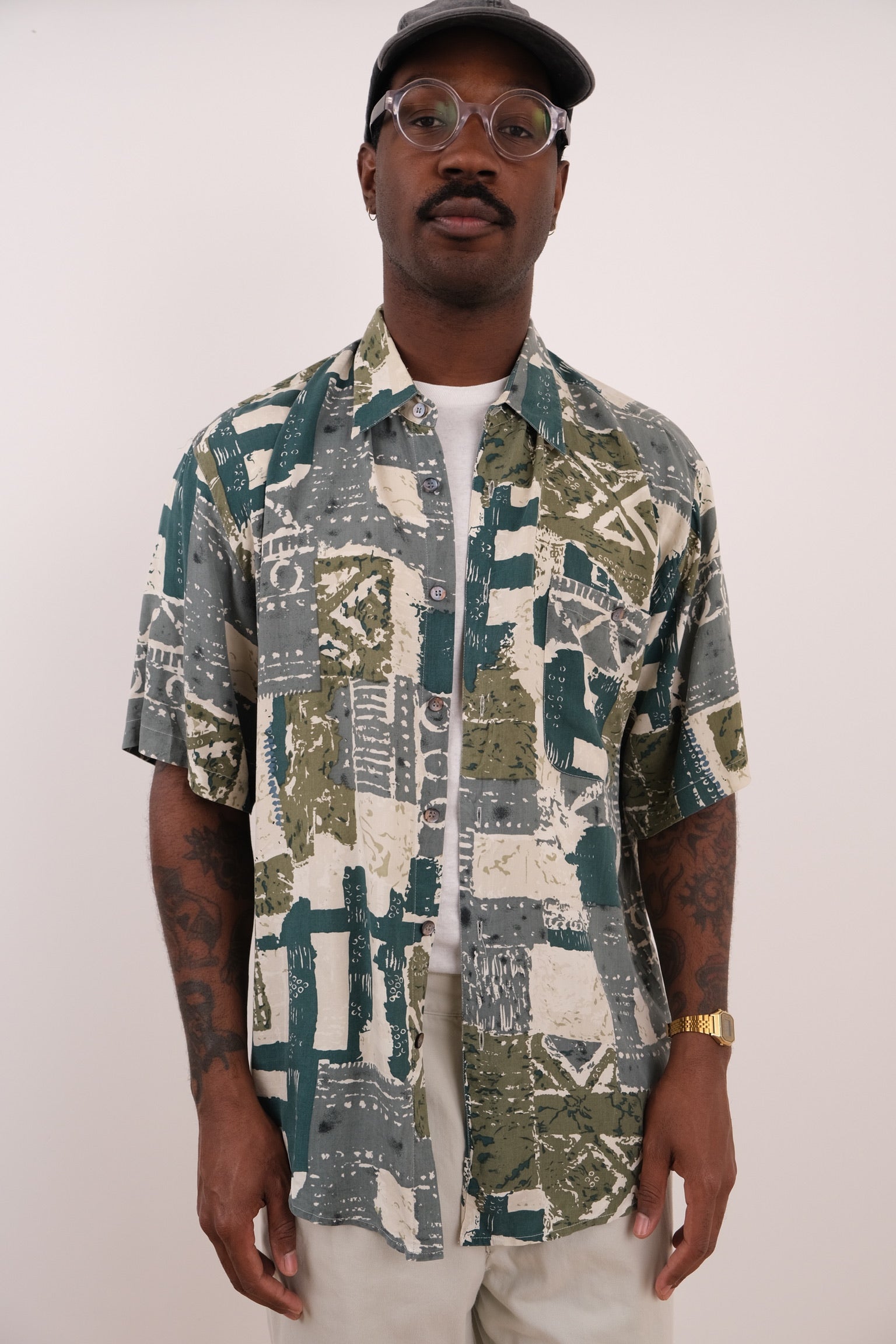 Vintage 90s Moss Patchwork Silk Short Sleeve Button Up Shirt – Hermine