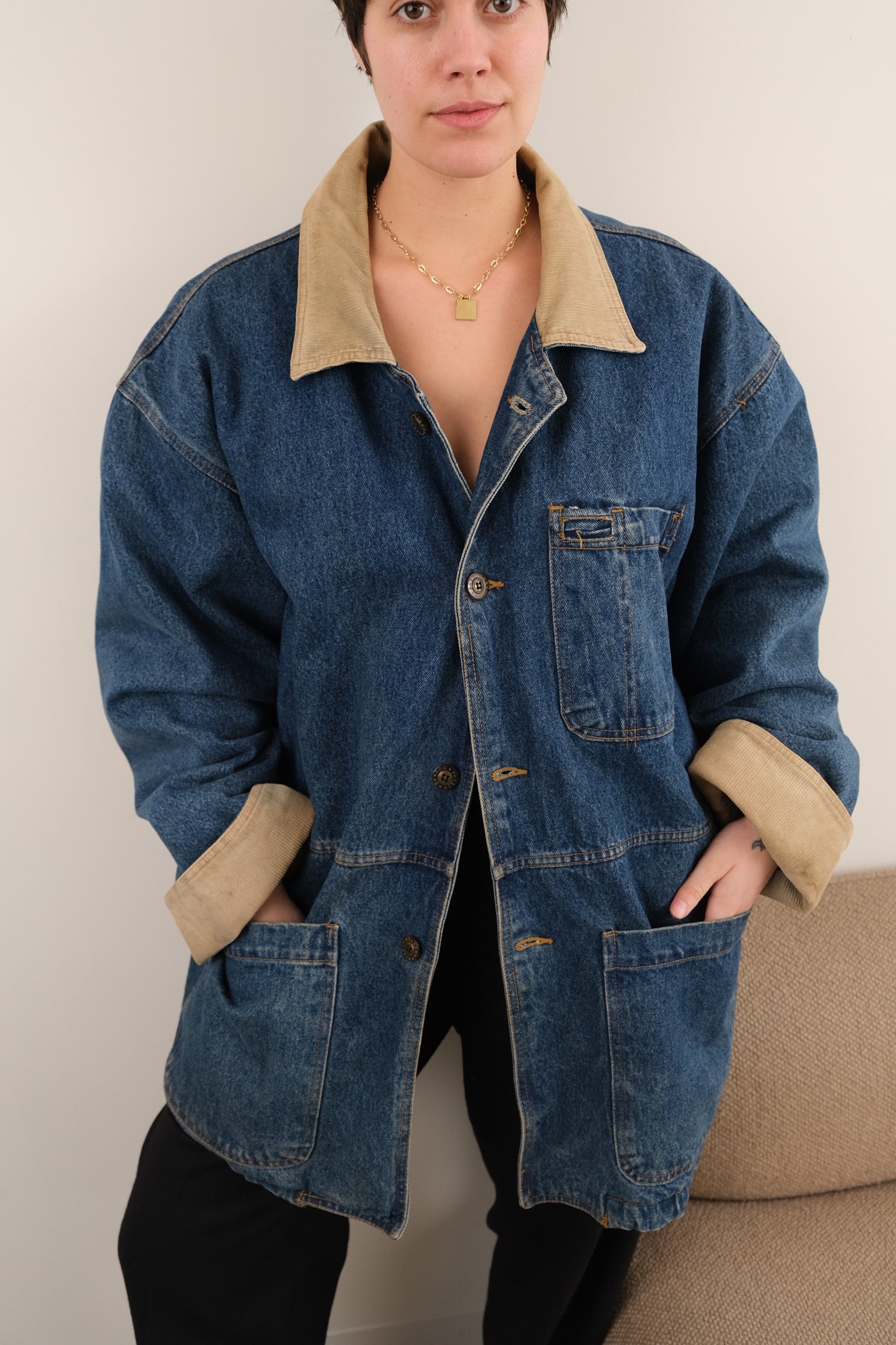 Vintage 90s Medium Wash Denim Corduroy Collar Button Up Chore