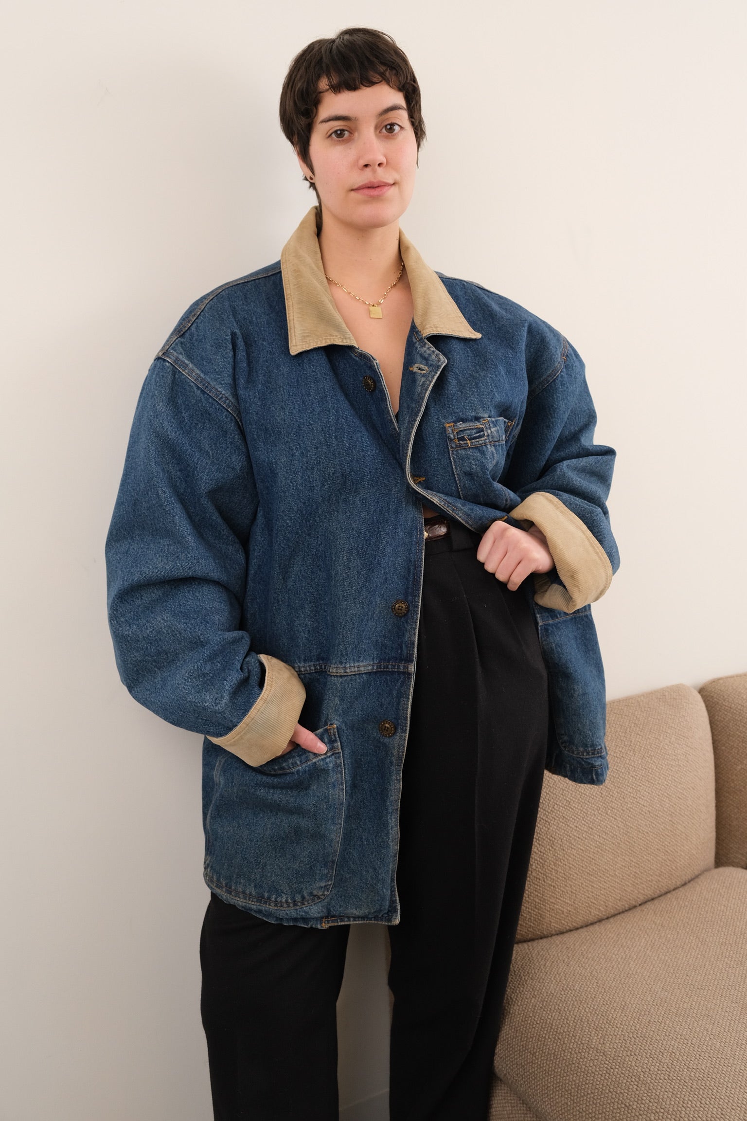 Vintage 90s Medium Wash Denim Corduroy Collar Button Up Chore
