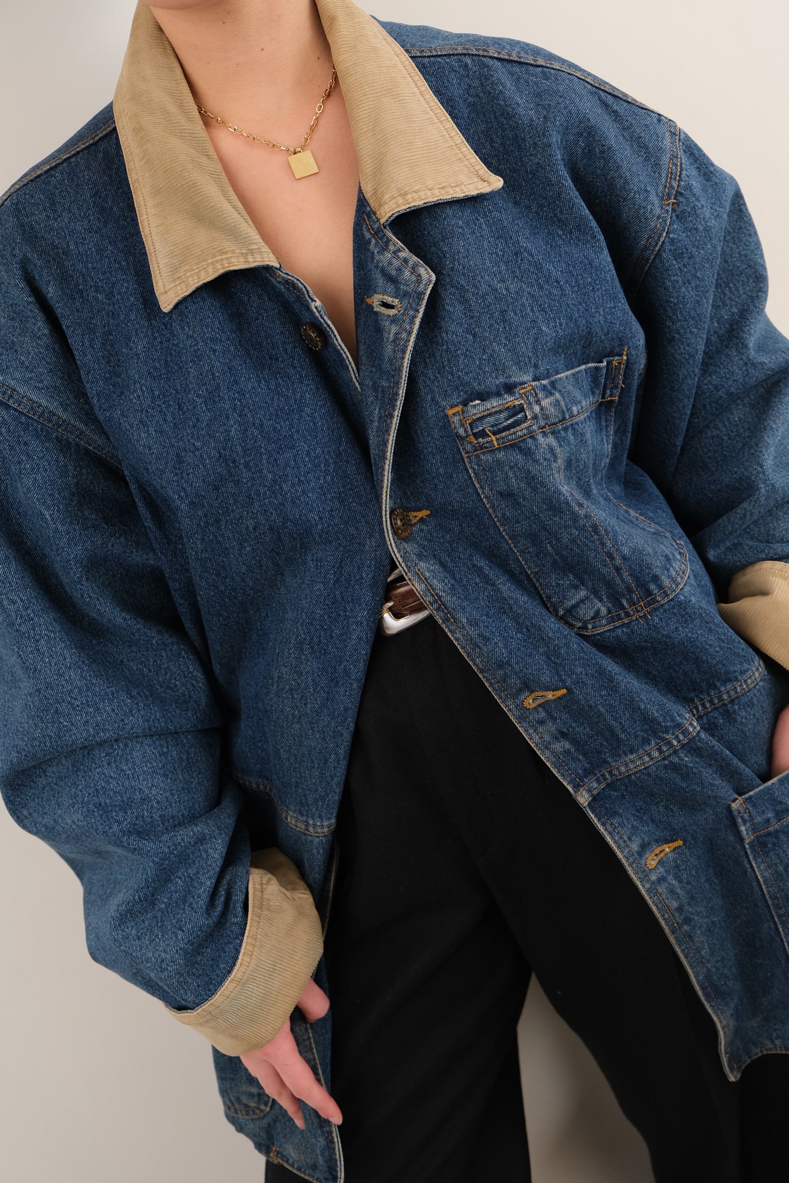 Vintage 90s Medium Wash Denim Corduroy Collar Button Up Chore