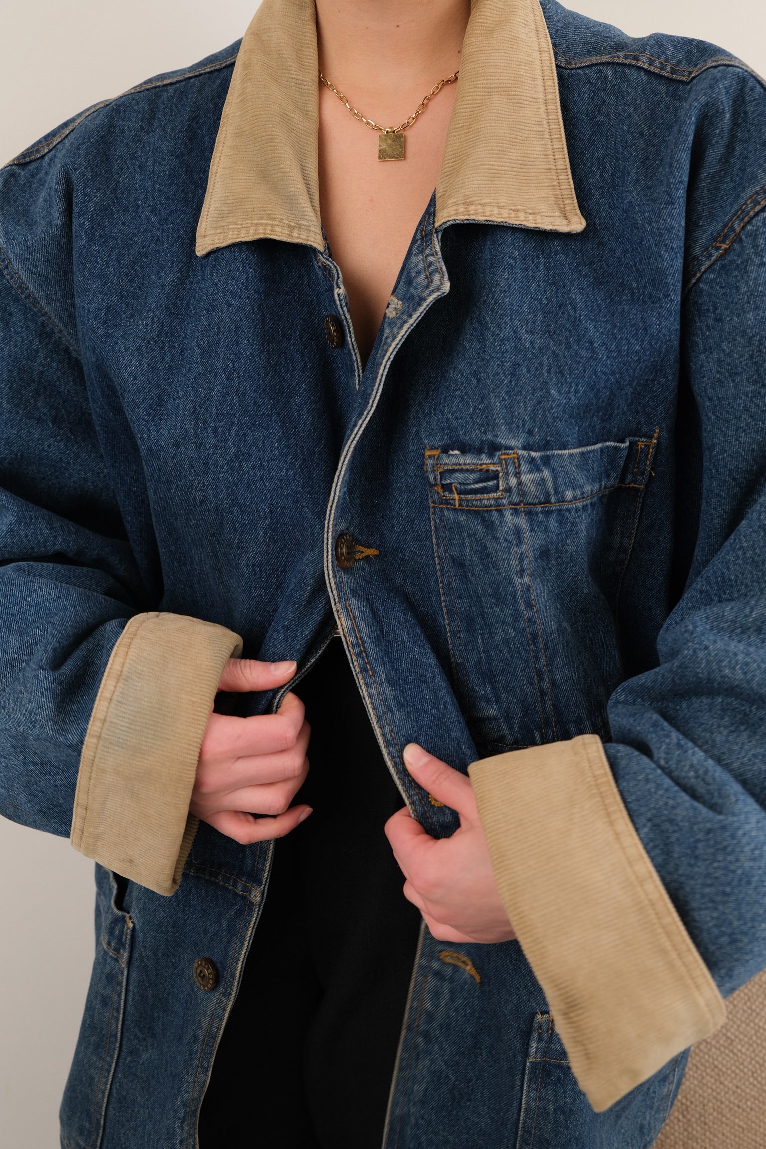 Vintage 90s Medium Wash Denim Corduroy Collar Button Up Chore