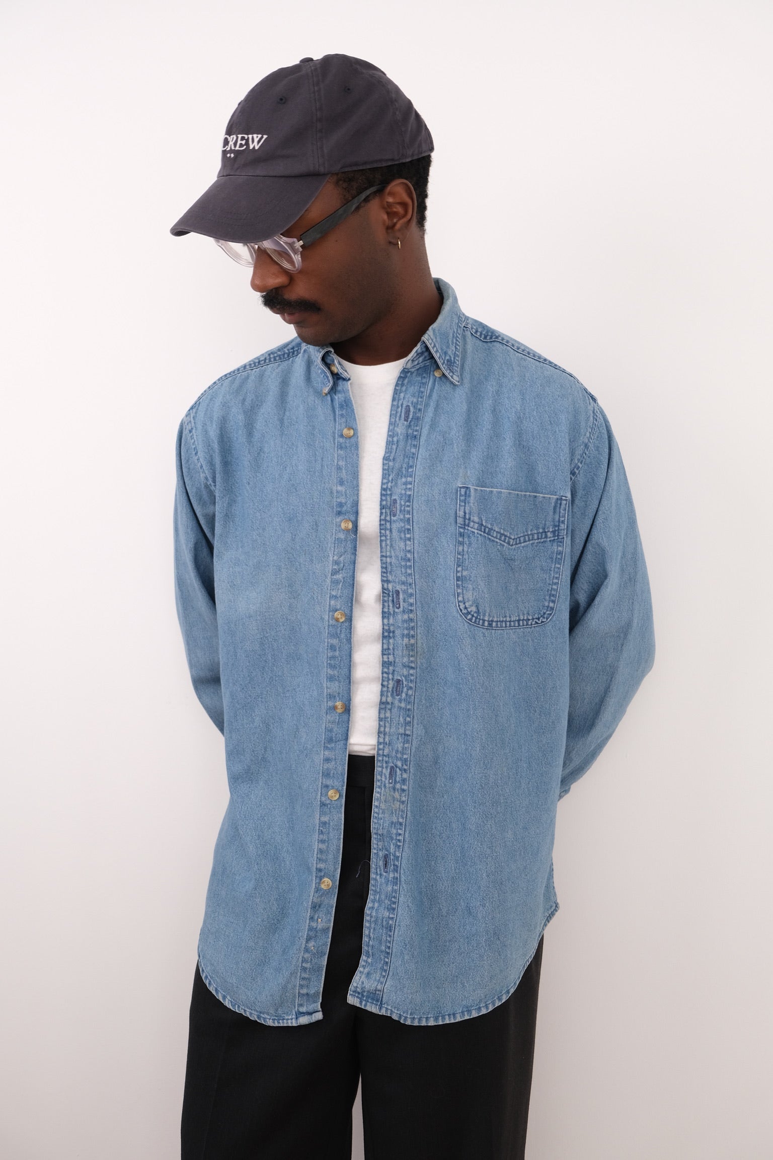 Vintage light wash cotton denim button-down shirt