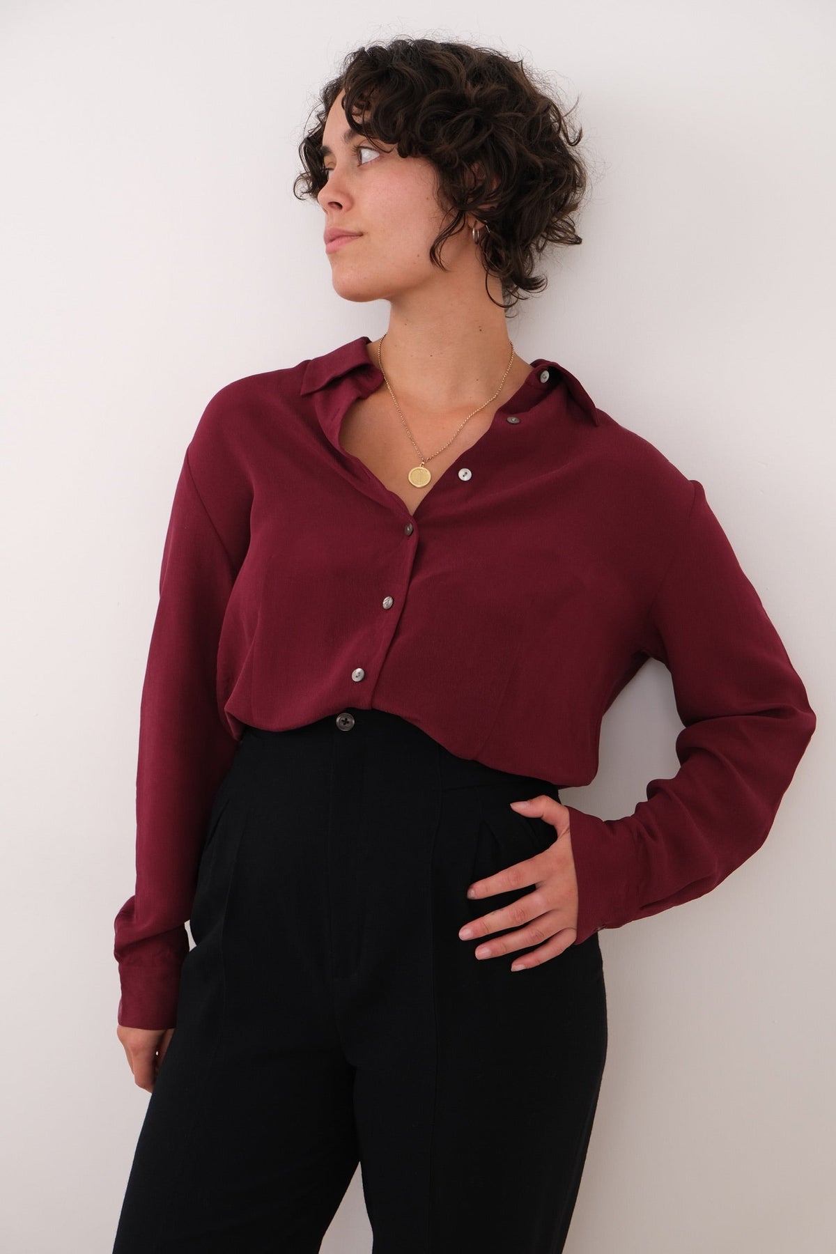 Vintage Garnet Silk Cropped Button Up Blouse