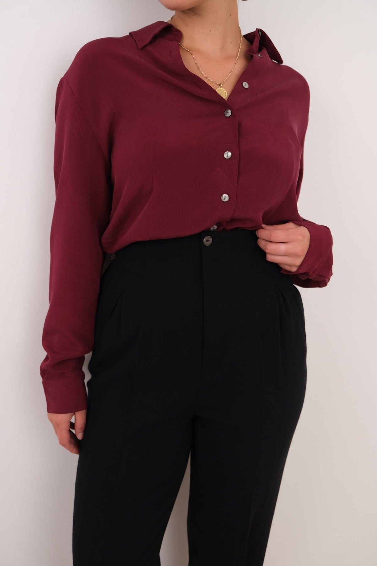 Vintage Garnet Silk Cropped Button Up Blouse