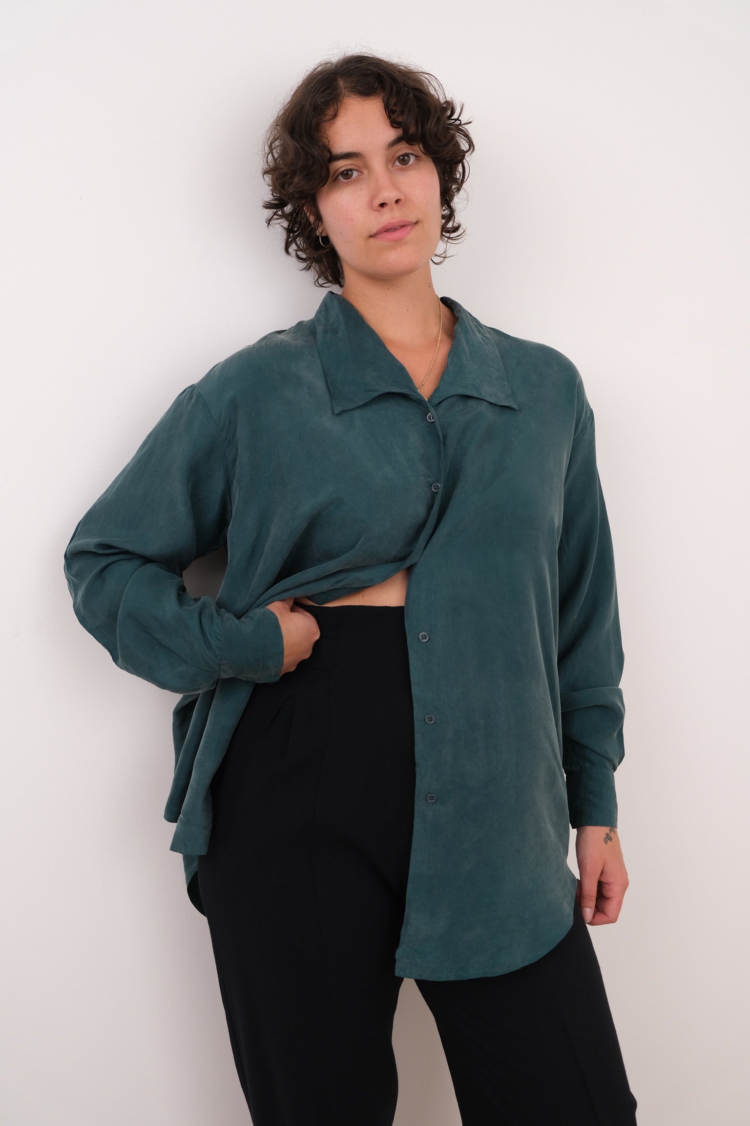 Vintage teal silk button-up shirt