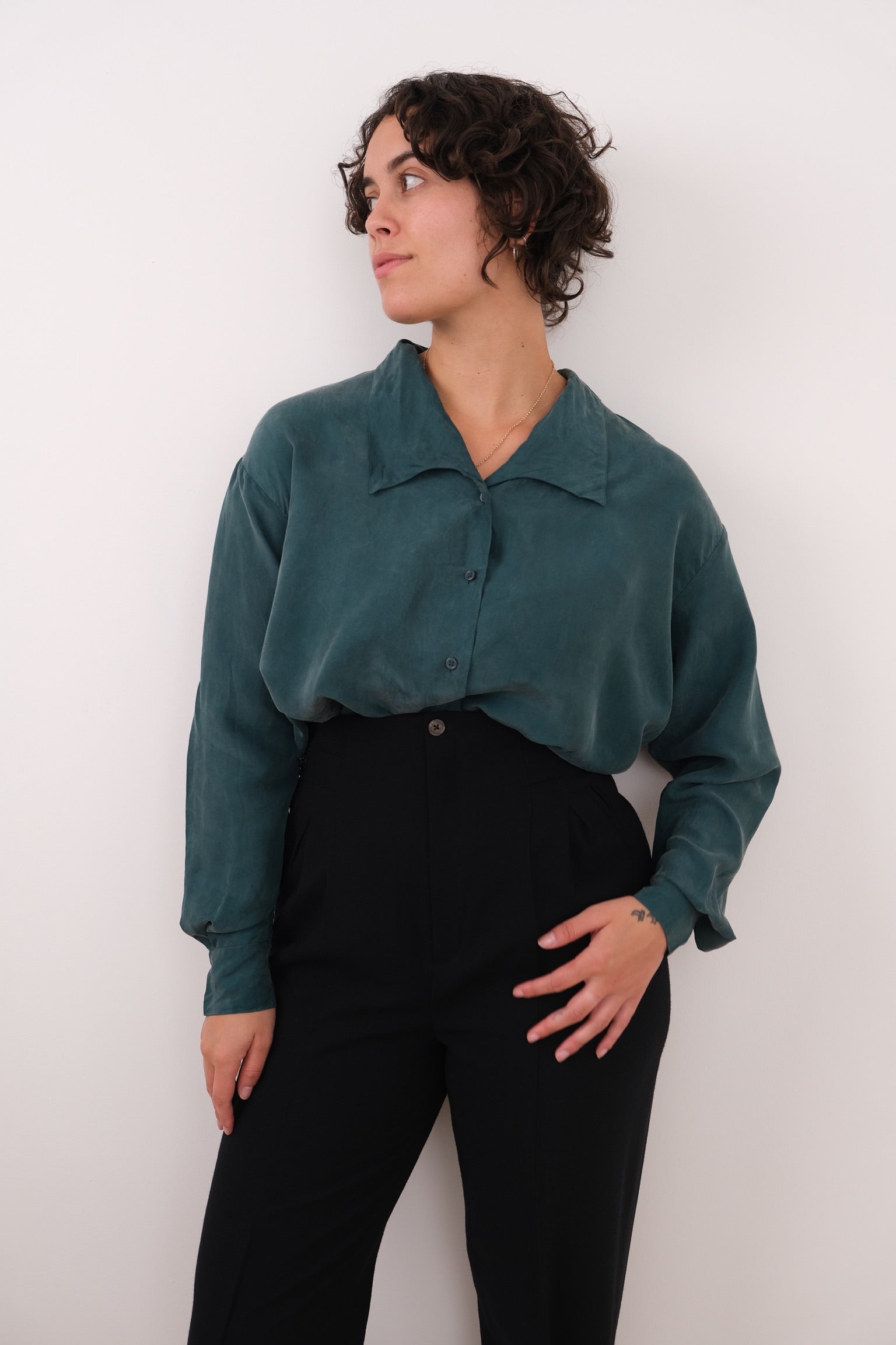 Vintage teal silk button-up shirt