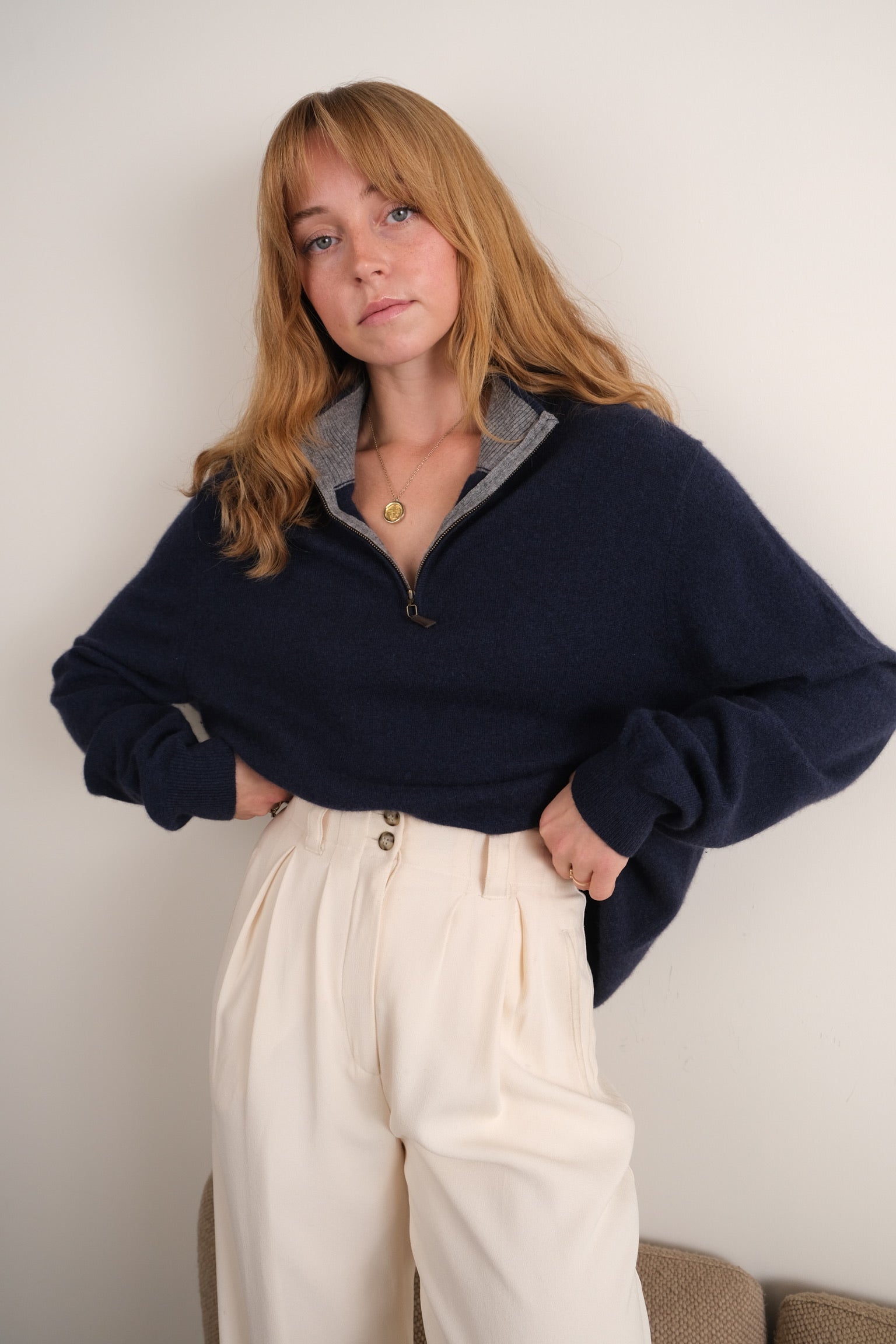 Vintage navy cashmere quarter-zip sweater