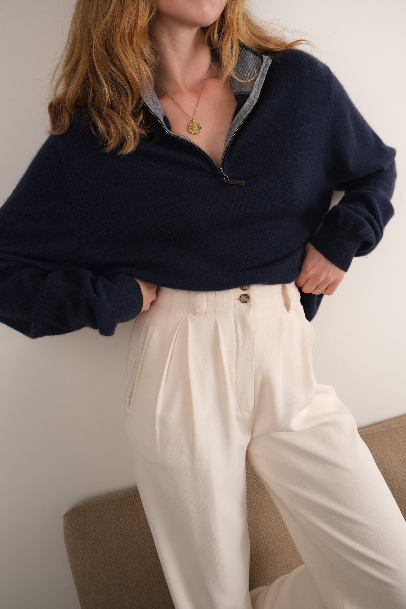 Vintage navy cashmere quarter-zip sweater