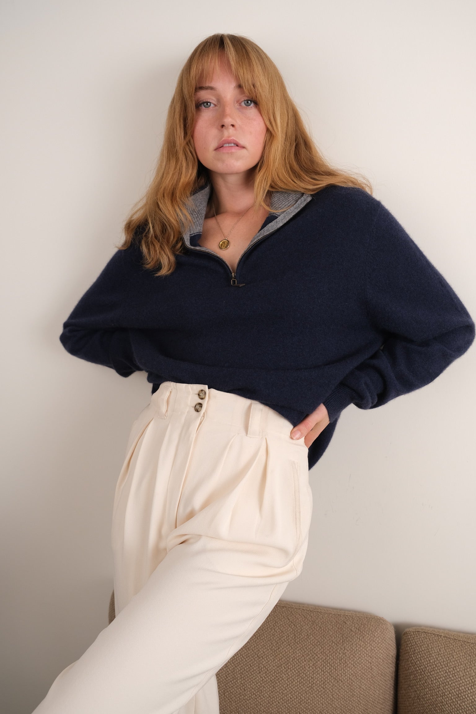 Vintage navy cashmere quarter-zip sweater