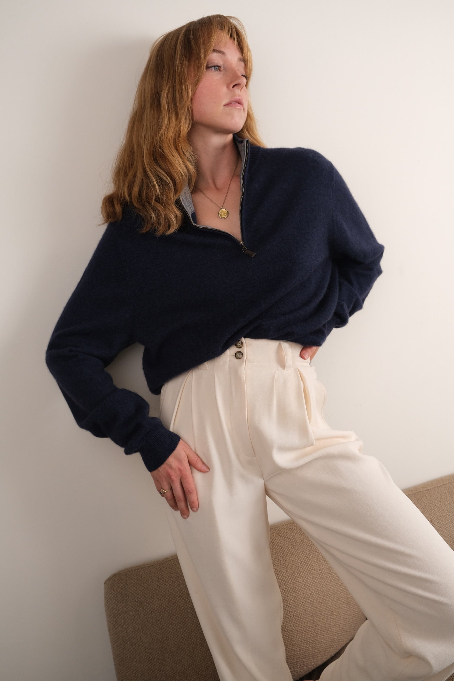 Vintage navy cashmere quarter-zip sweater