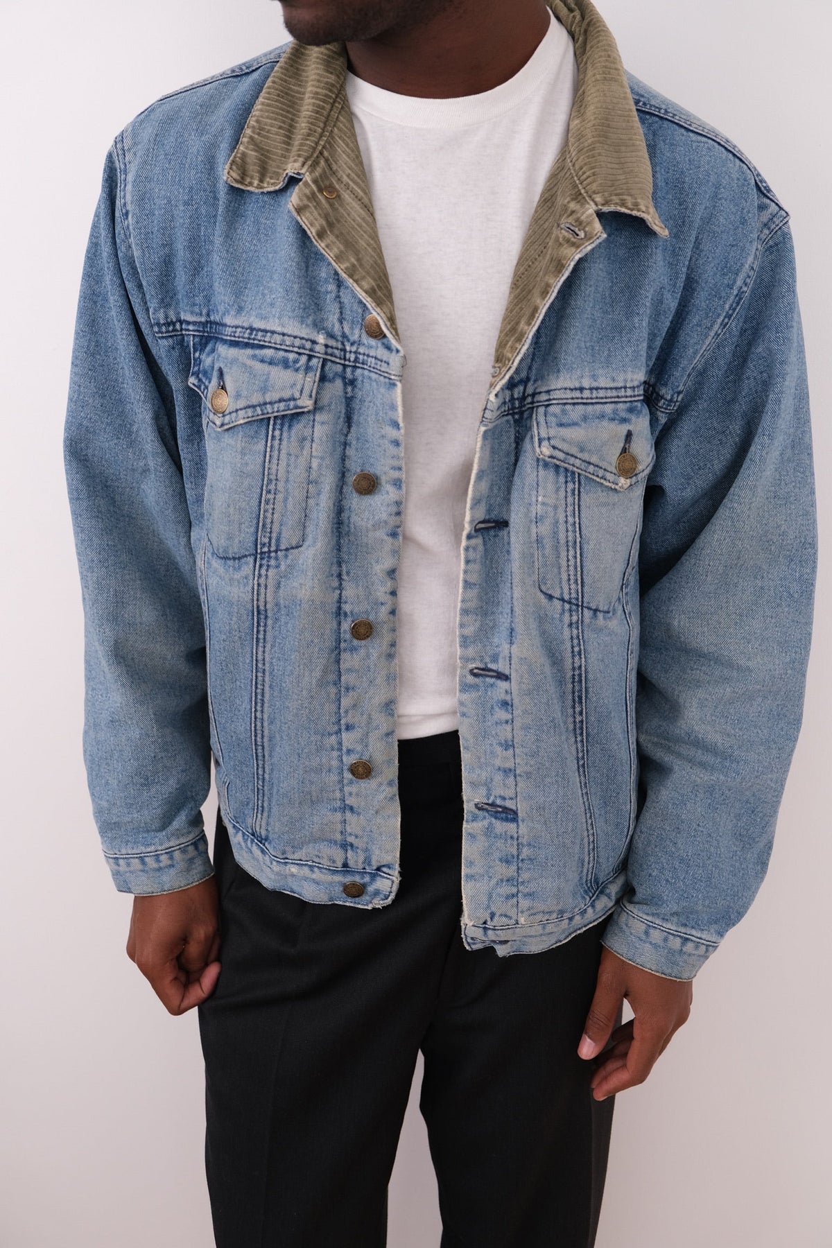 Vintage light wash cotton denim jacket front view