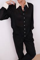 Vintage 80s Jet Silk Blend Contrast Collar Button Up Blouse