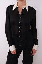 Vintage 80s Jet Silk Blend Contrast Collar Button Up Blouse