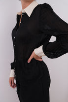Vintage 80s Jet Silk Blend Contrast Collar Button Up Blouse
