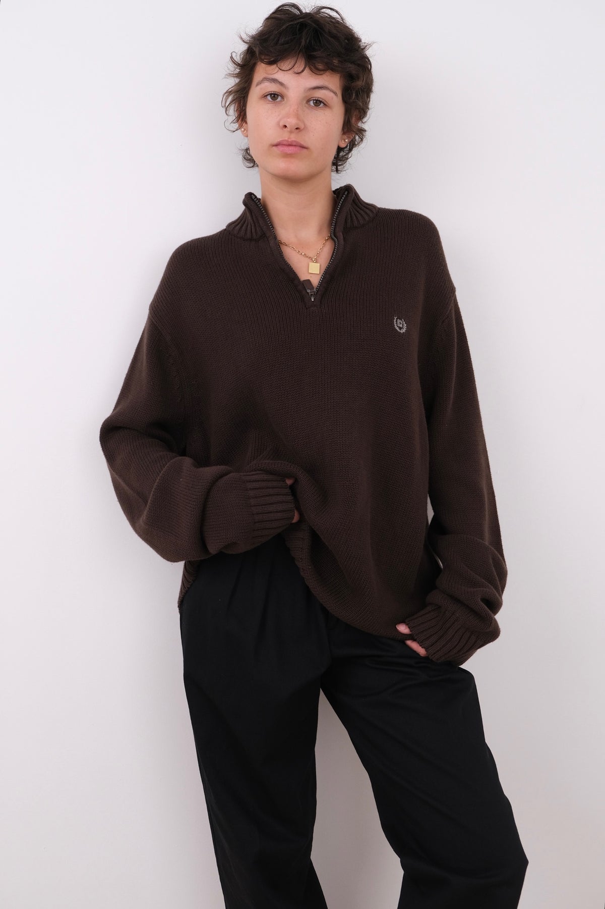 Vintage Espresso Cotton Quarter-Zip Sweater